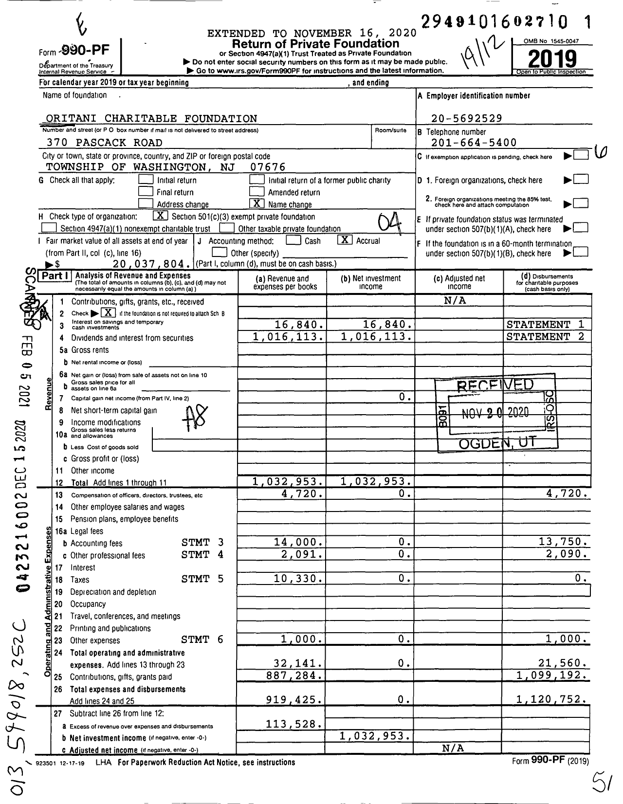 Image of first page of 2019 Form 990PF for Oritanibank Charitable Foundation