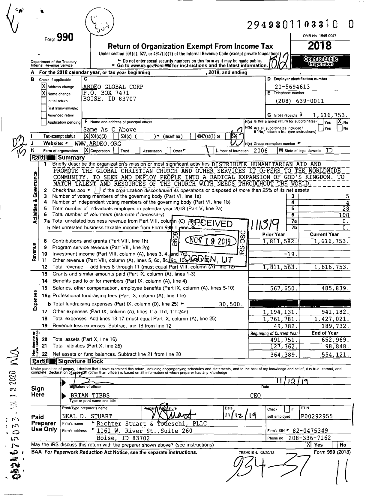 Image of first page of 2018 Form 990 for Ardeo Global Corporation