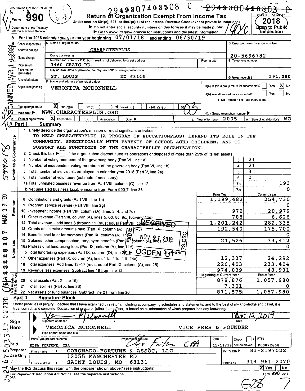 Image of first page of 2018 Form 990 for CharacterPlus