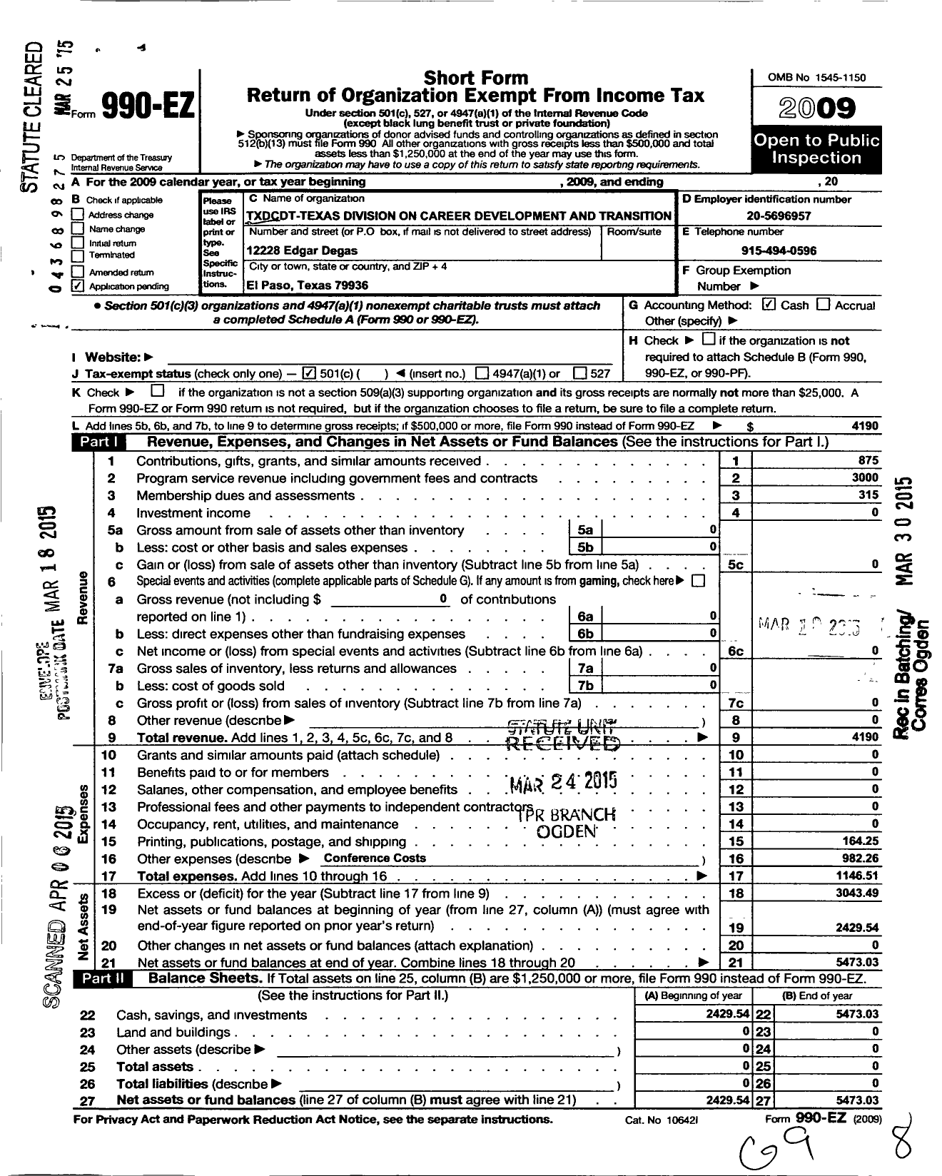 Image of first page of 2009 Form 990EO for Txdcdt-Texas Division on Career Development and Transition