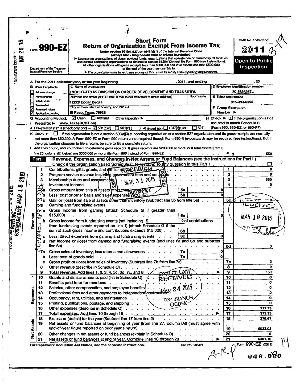 Image of first page of 2011 Form 990EZ for Txdcdt-Texas Division on Career Development and Transition