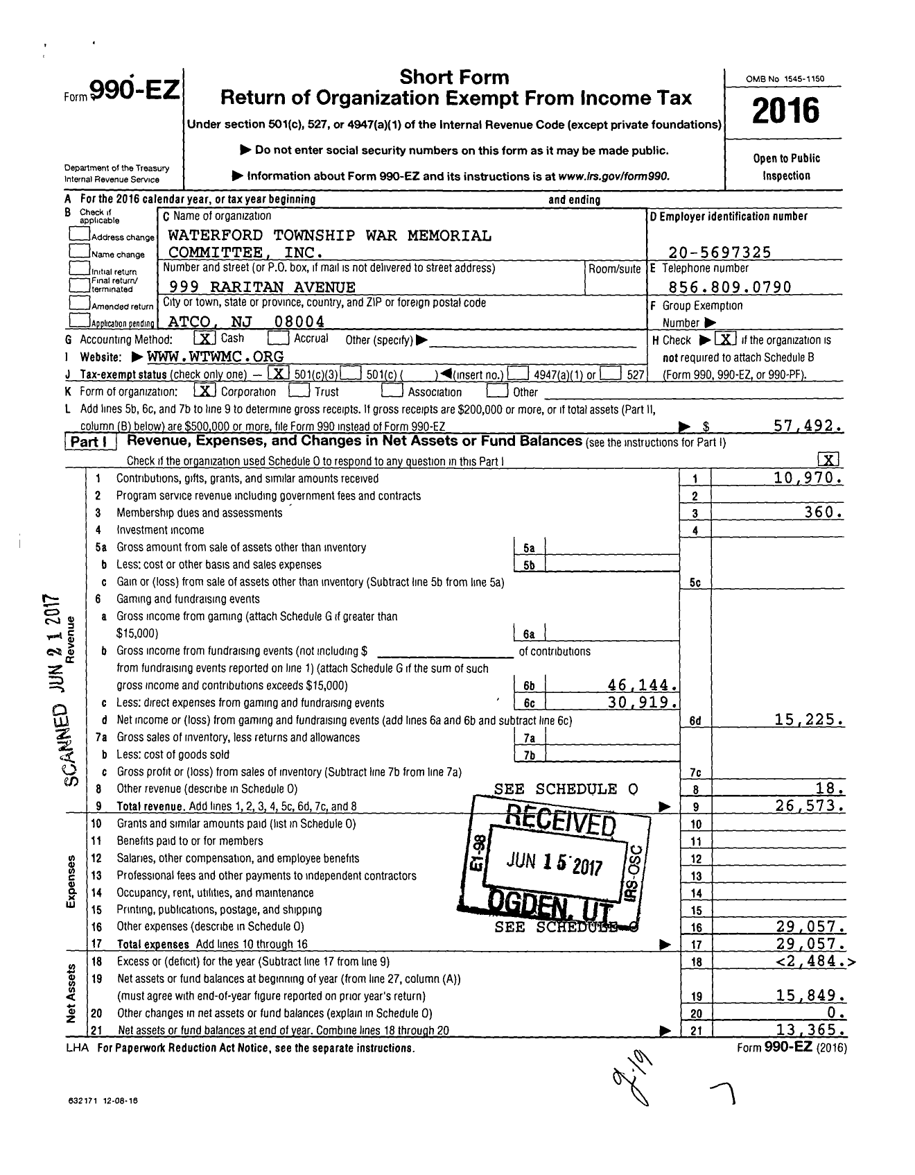 Image of first page of 2016 Form 990EZ for The Waterford Township War Memorial Committee