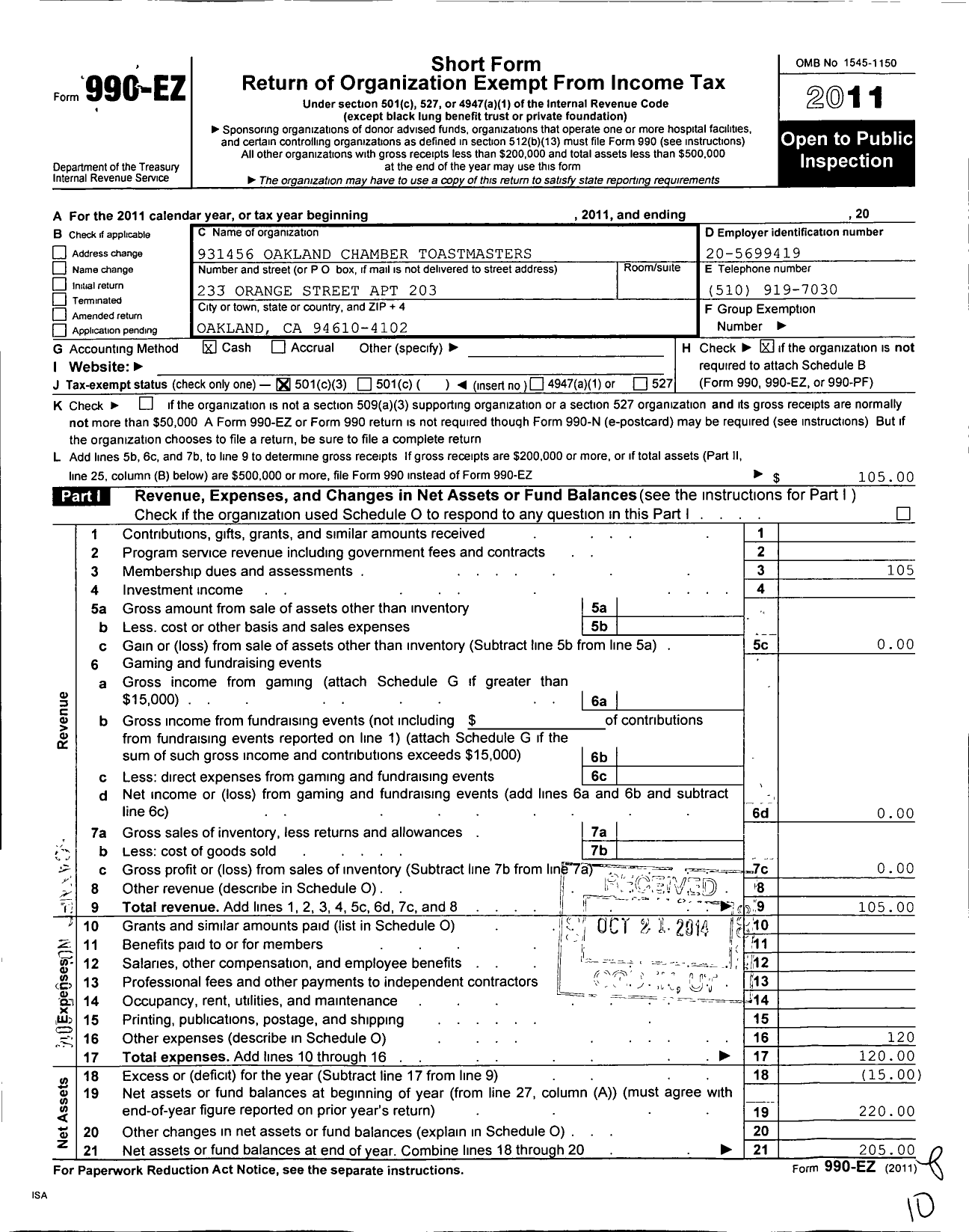 Image of first page of 2011 Form 990EZ for Toastmasters International