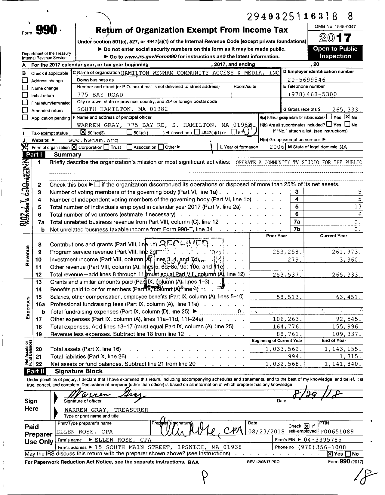 Image of first page of 2017 Form 990 for Hamilton Wenham Community Access and Media