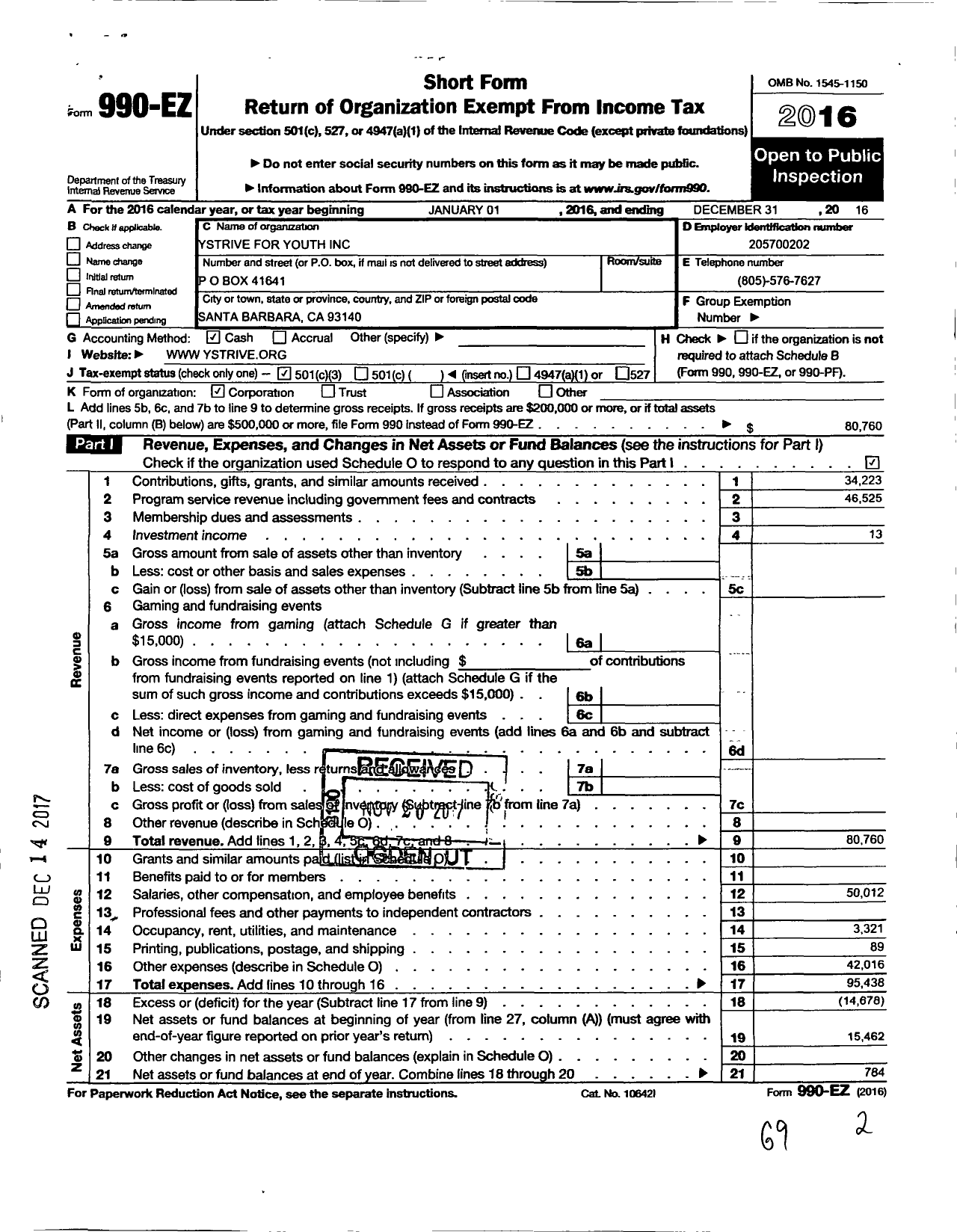 Image of first page of 2016 Form 990EZ for Ystrive for Youth