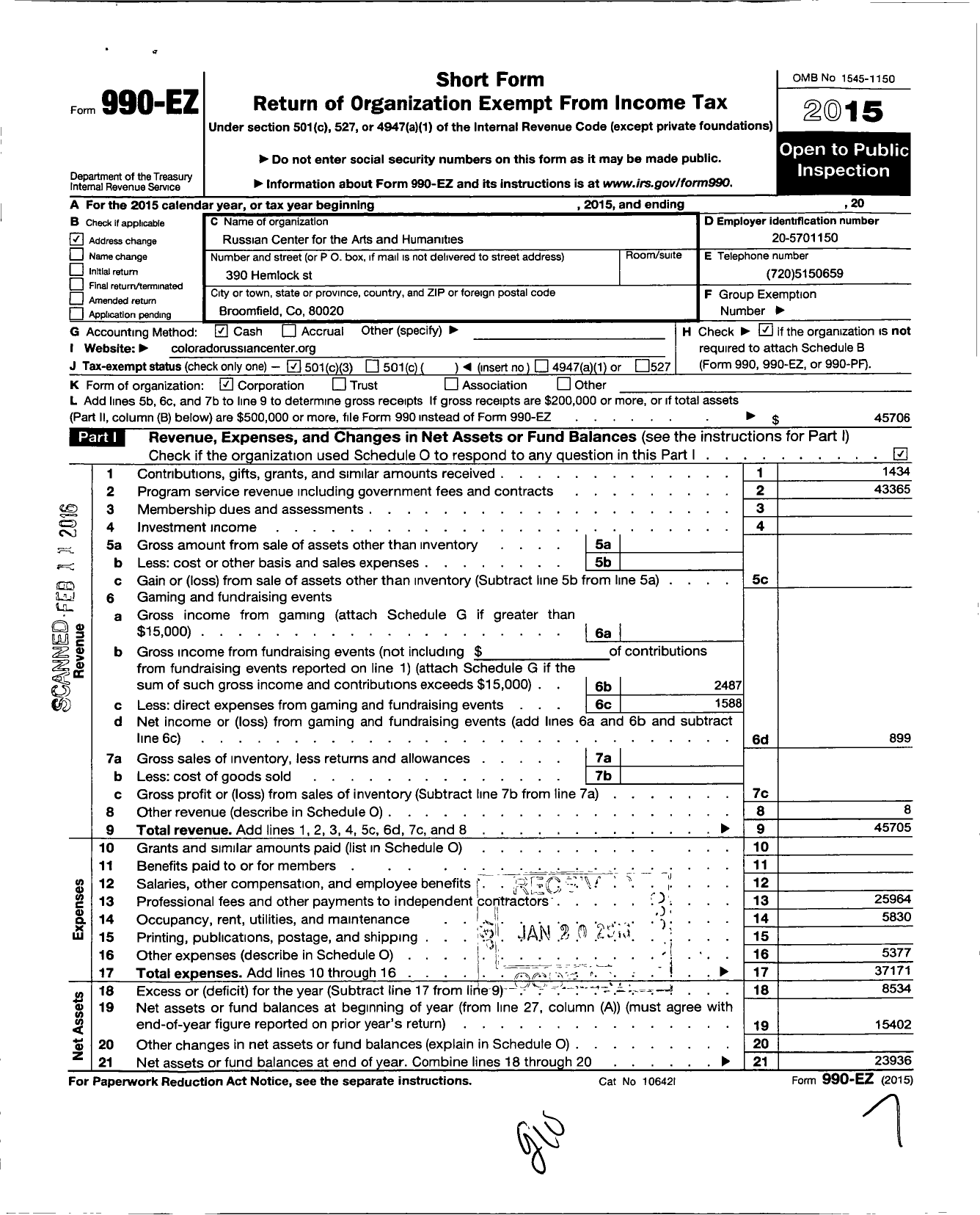 Image of first page of 2015 Form 990EZ for Russian Center for the Arts and Humanities