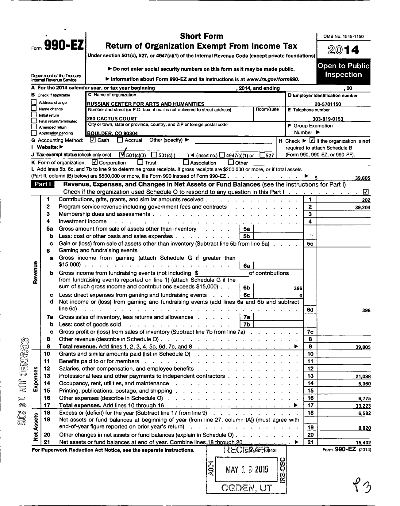 Image of first page of 2014 Form 990EZ for Russian Center for the Arts and Humanities