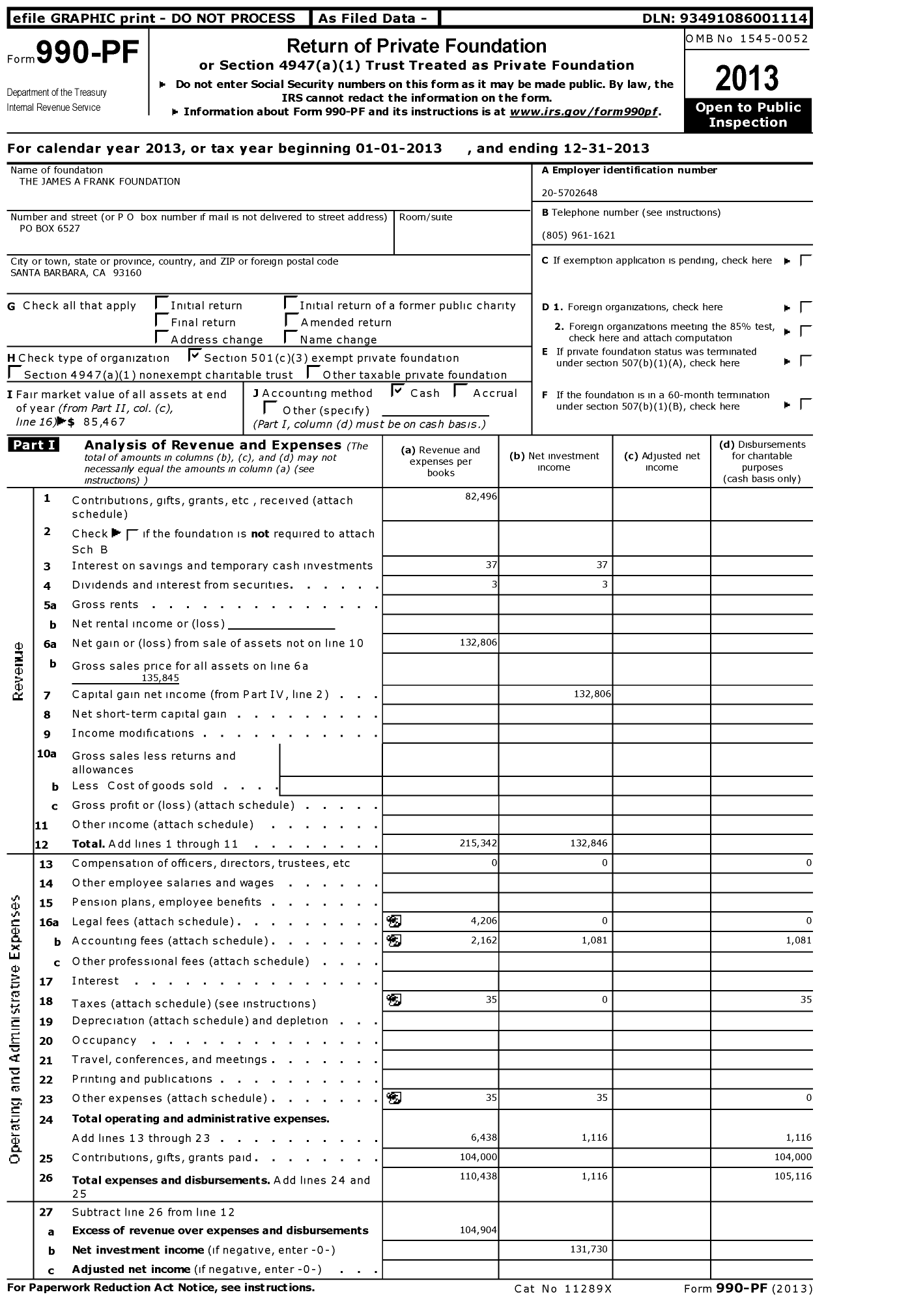 Image of first page of 2013 Form 990PF for The James A Frank Foundation