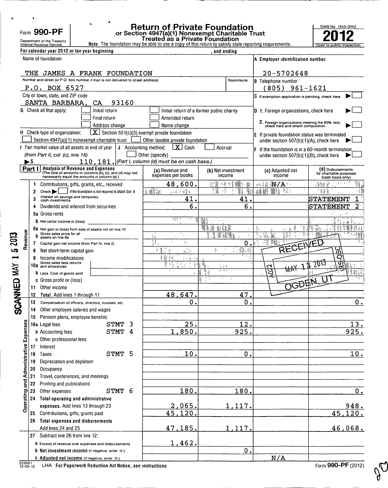 Image of first page of 2012 Form 990PF for The James A Frank Foundation
