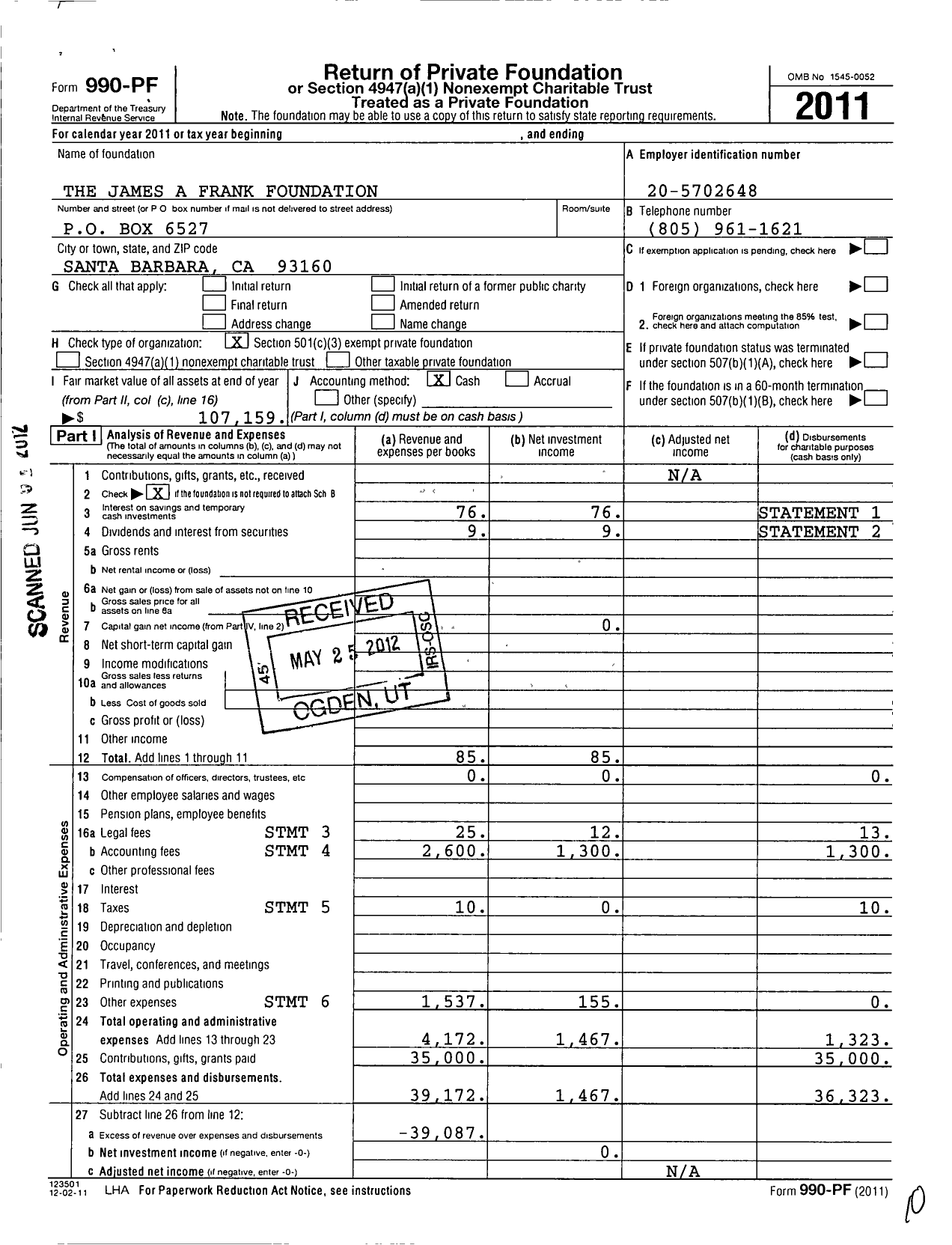 Image of first page of 2011 Form 990PF for The James A Frank Foundation