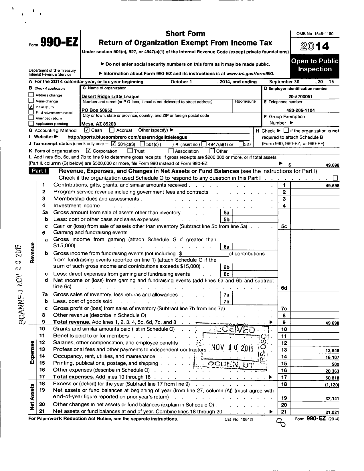 Image of first page of 2014 Form 990EZ for Little League Baseball - 193003 Desert Ridge LL