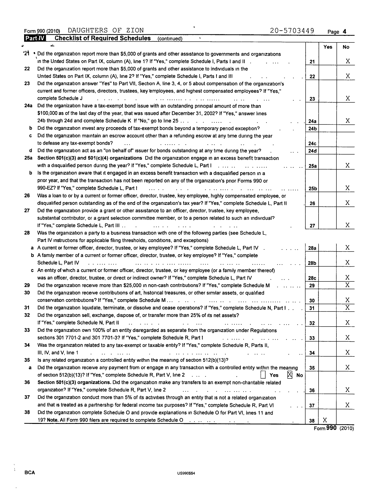 Image of first page of 2010 Form 990R for Daughters of Zion