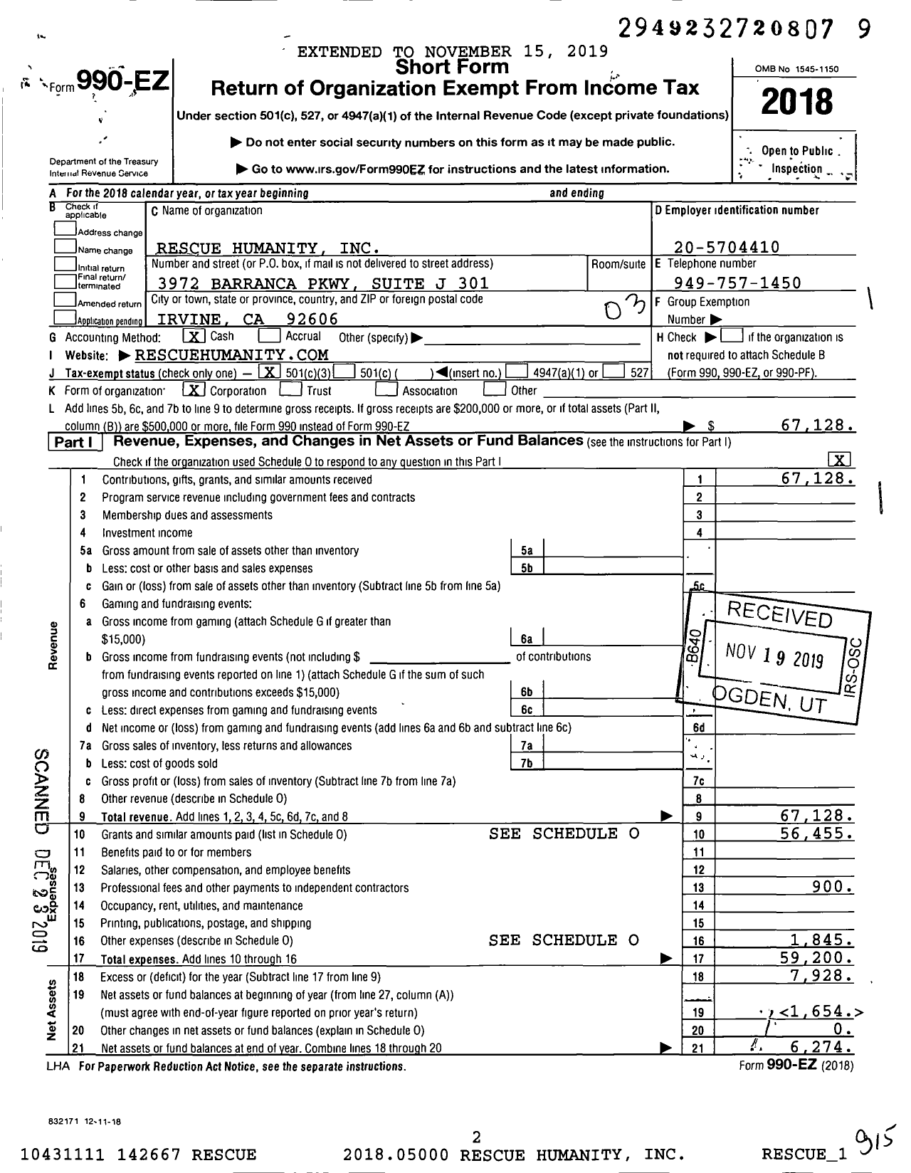 Image of first page of 2018 Form 990EZ for Rescue Humanity