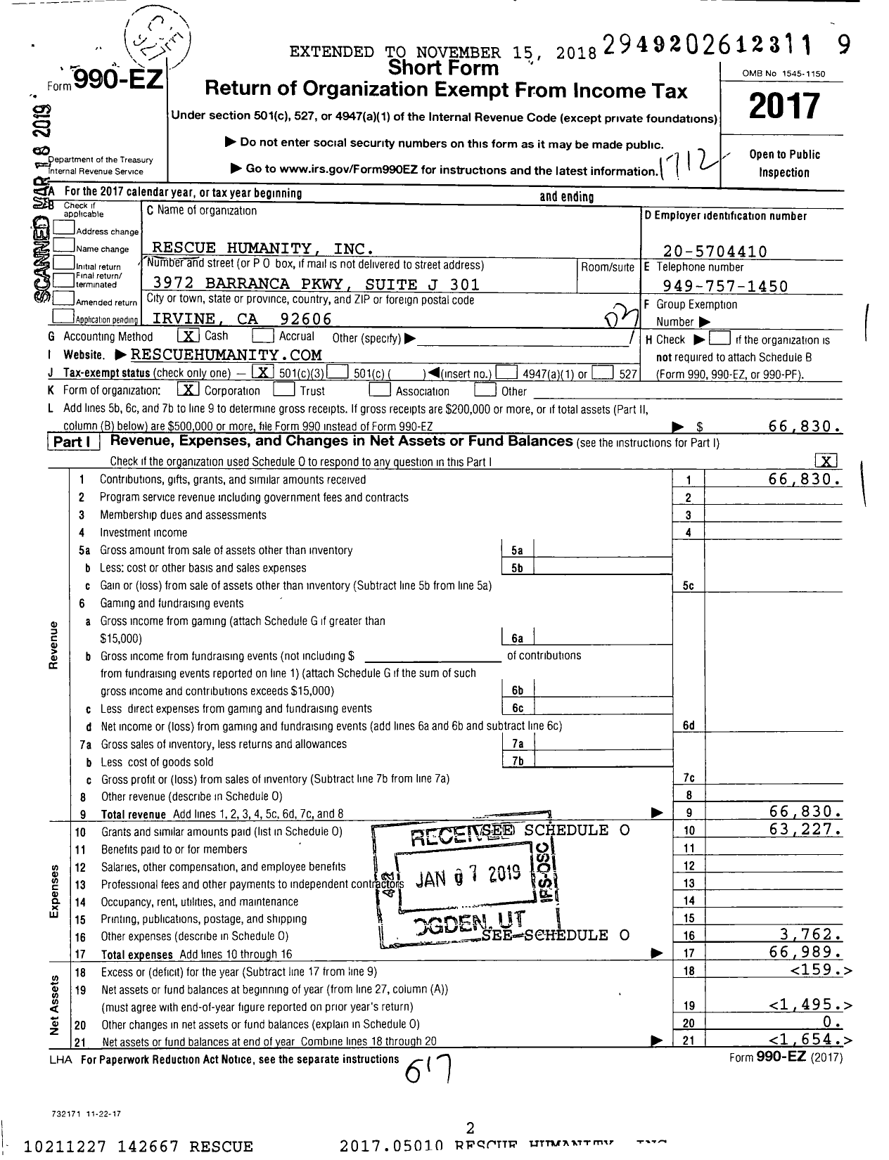 Image of first page of 2017 Form 990EZ for Rescue Humanity