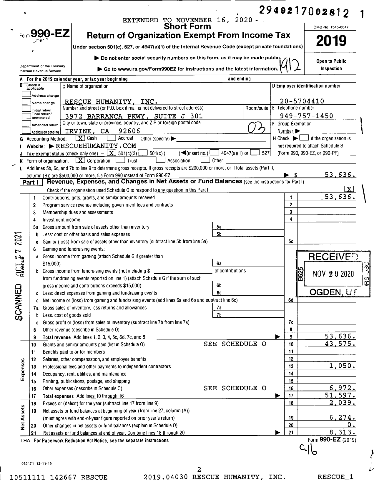 Image of first page of 2019 Form 990EZ for Rescue Humanity