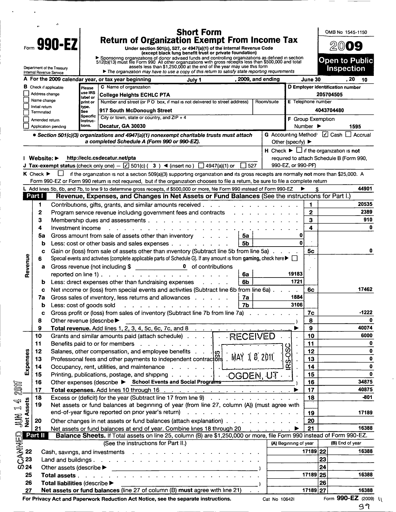 Image of first page of 2009 Form 990EZ for Georgia PTA - College Height Early Child Learning