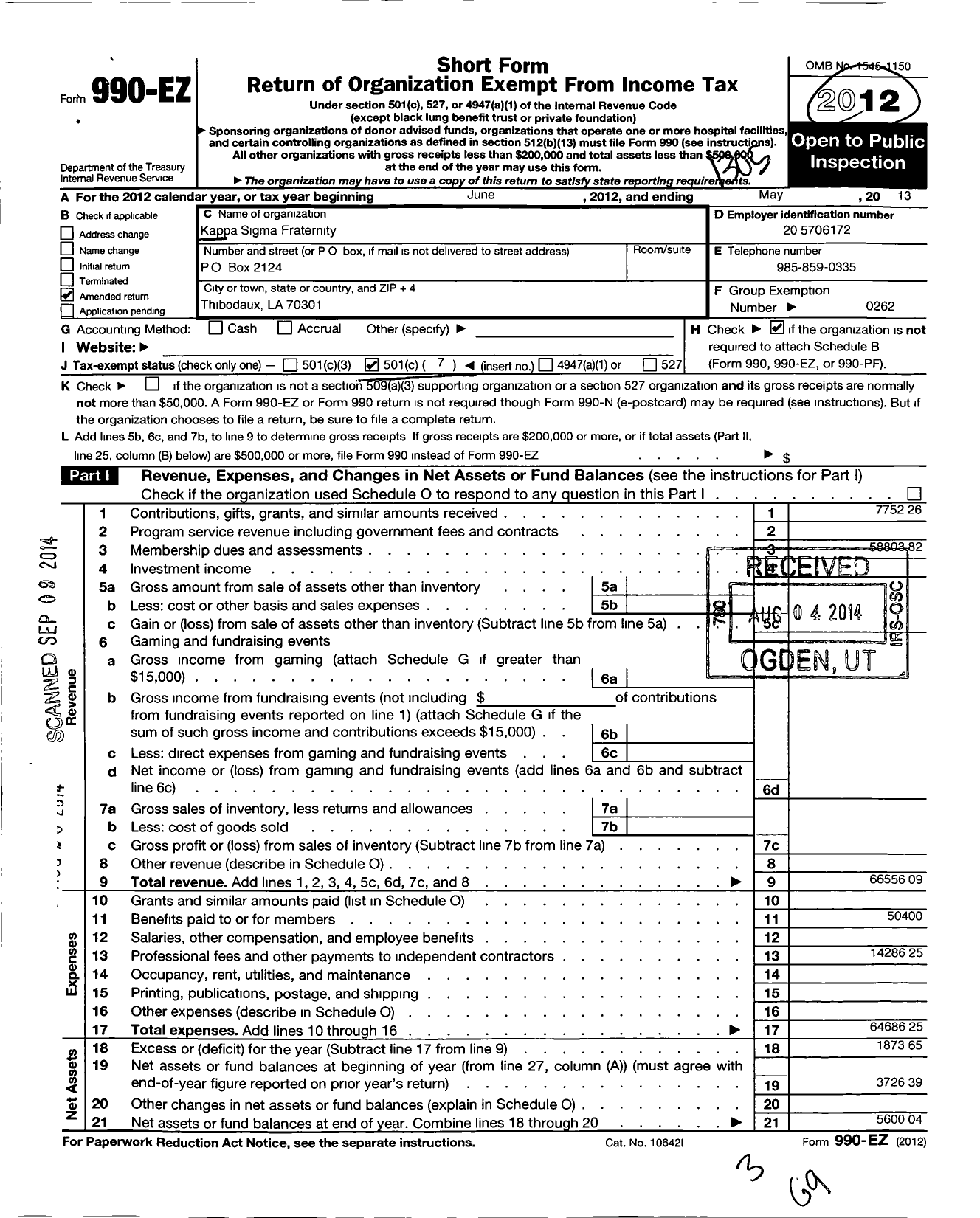 Image of first page of 2012 Form 990EO for Kappa Sigma Fraternity - Omicron-Chi Chapter