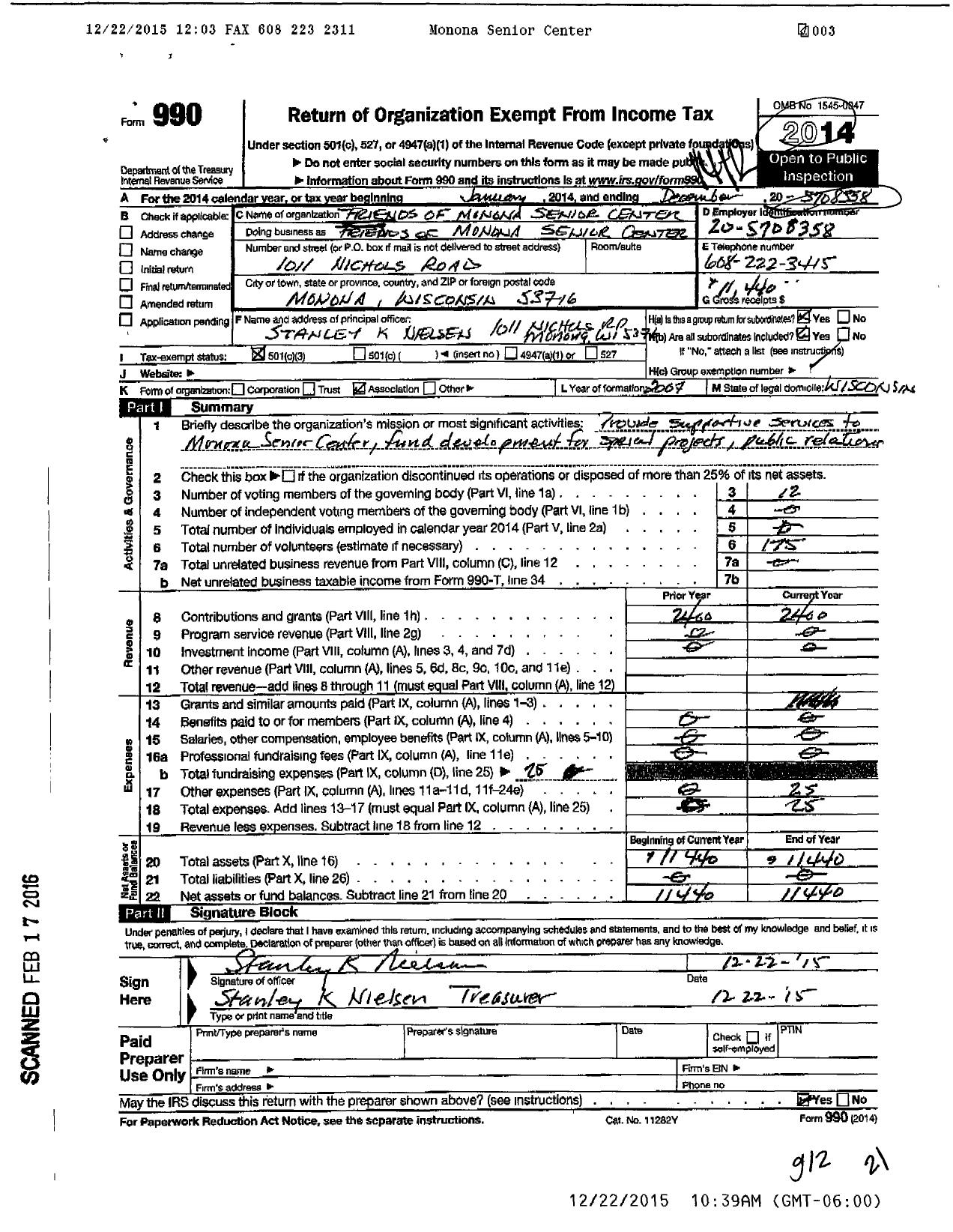 Image of first page of 2014 Form 990 for Friends of the Monona Senior Center