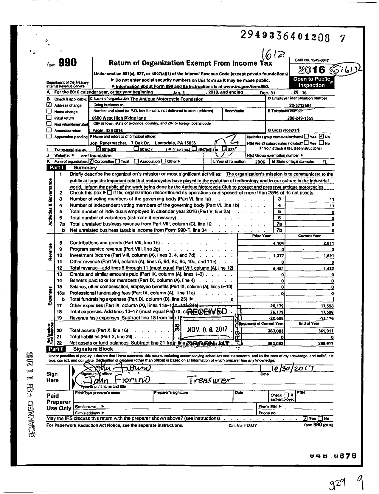 Image of first page of 2016 Form 990 for The Antique Motorcycle Foundation