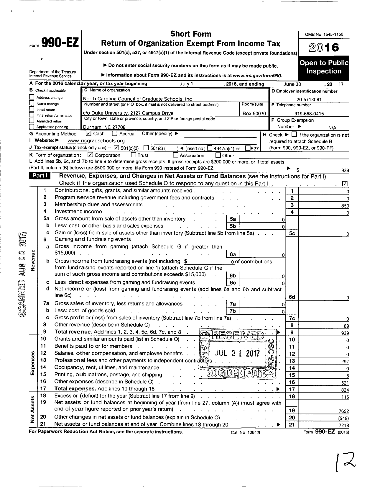 Image of first page of 2016 Form 990EZ for North Carolina Council of Graduate Schools