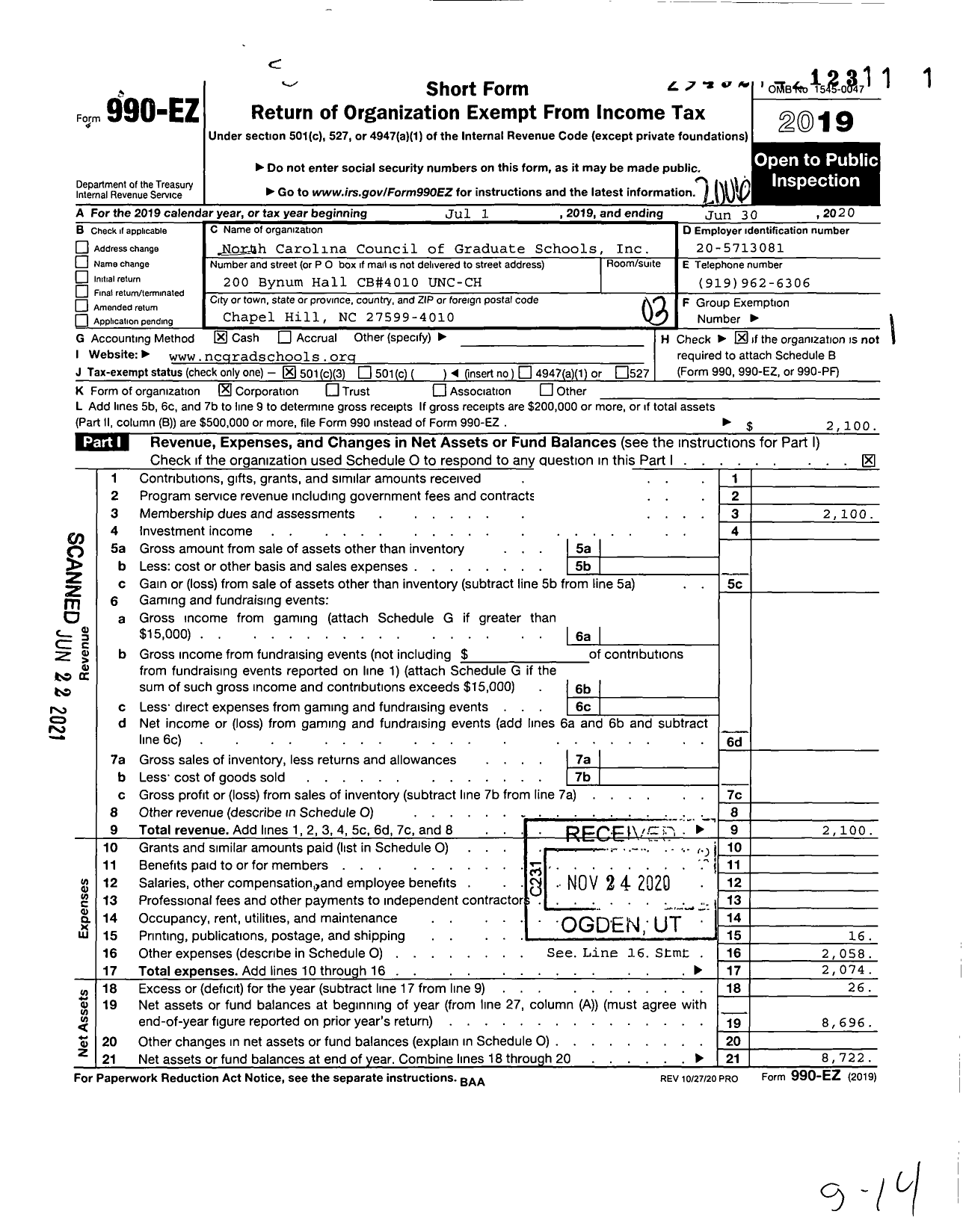 Image of first page of 2019 Form 990EZ for North Carolina Council of Graduate Schools