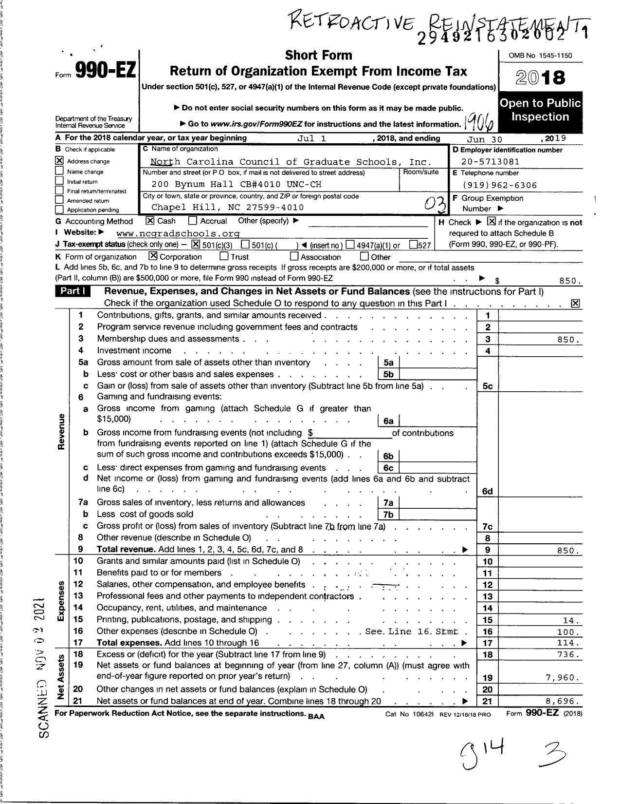 Image of first page of 2018 Form 990EZ for North Carolina Council of Graduate Schools