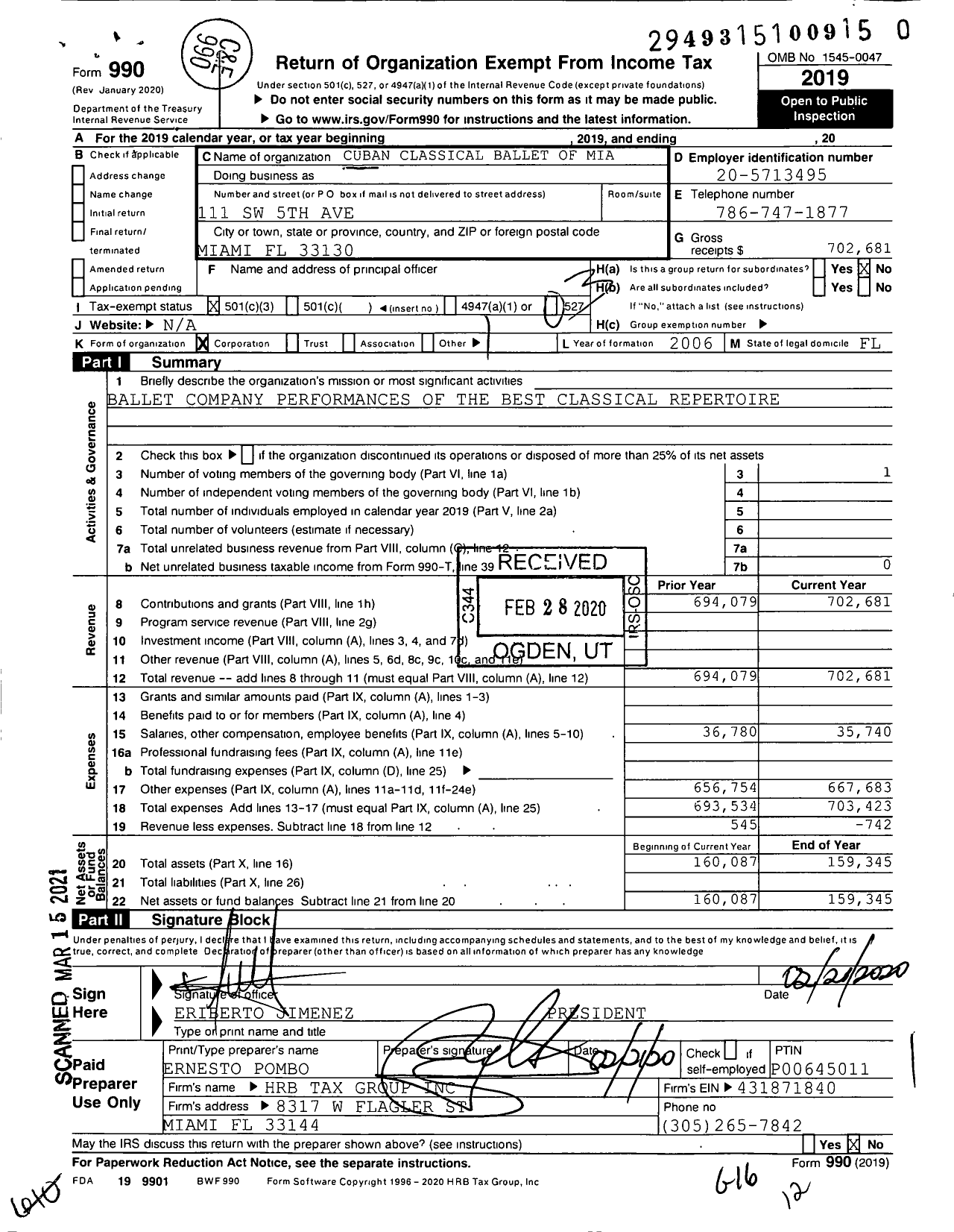 Image of first page of 2019 Form 990 for Cuban Classical Ballet of Miami