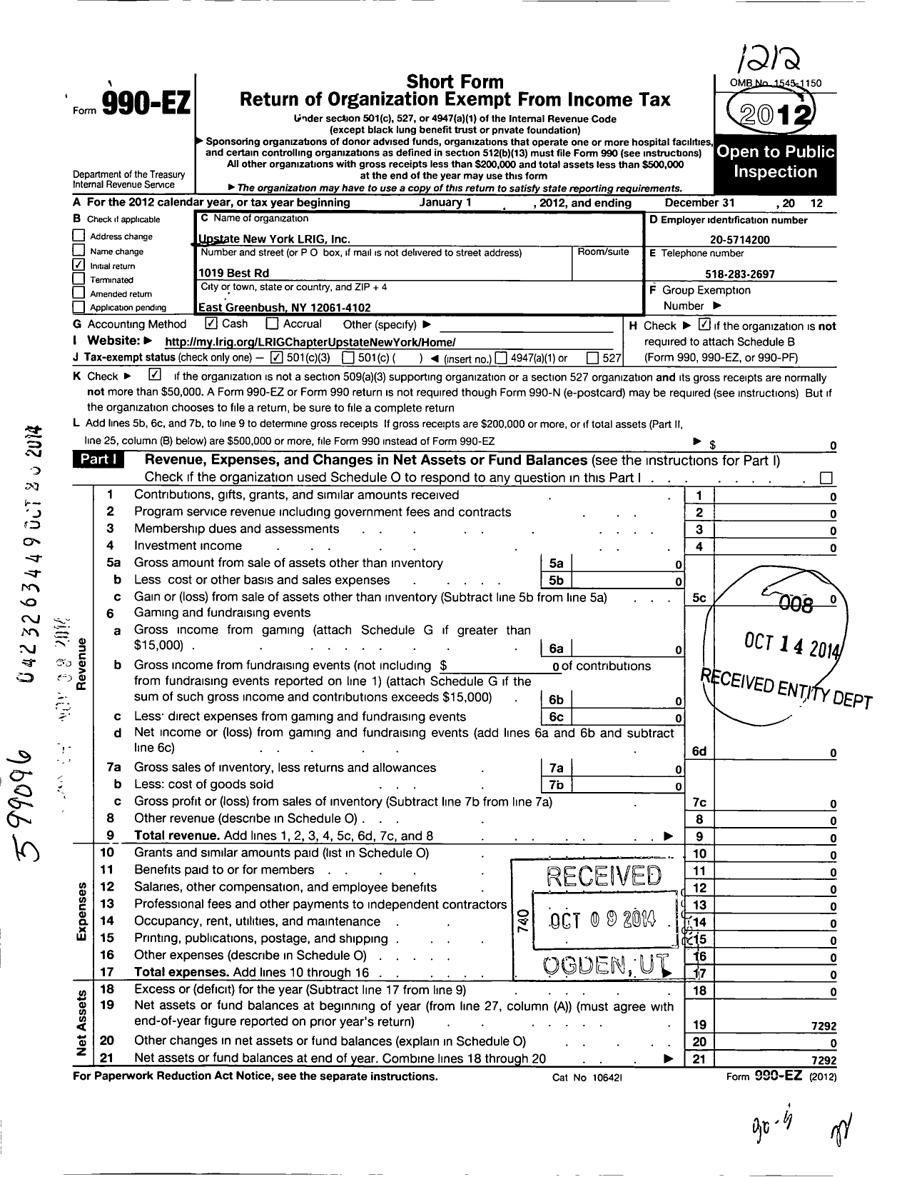 Image of first page of 2012 Form 990EZ for Upstate New York Lrig