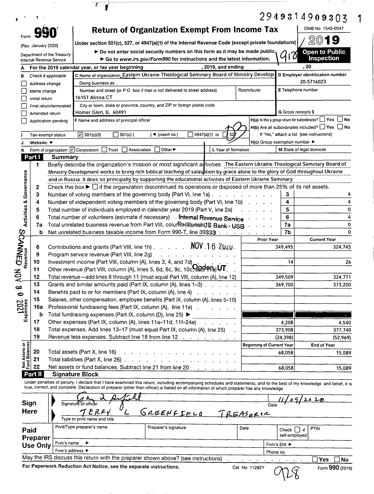 Image of first page of 2019 Form 990 for Eastern Ukraine Theologicalseminary Board of Ministry Development