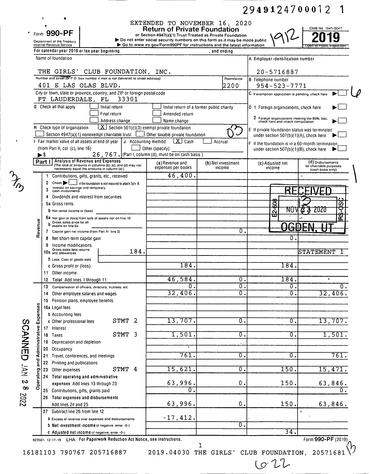 Image of first page of 2019 Form 990PF for The Girls' Club Foundation