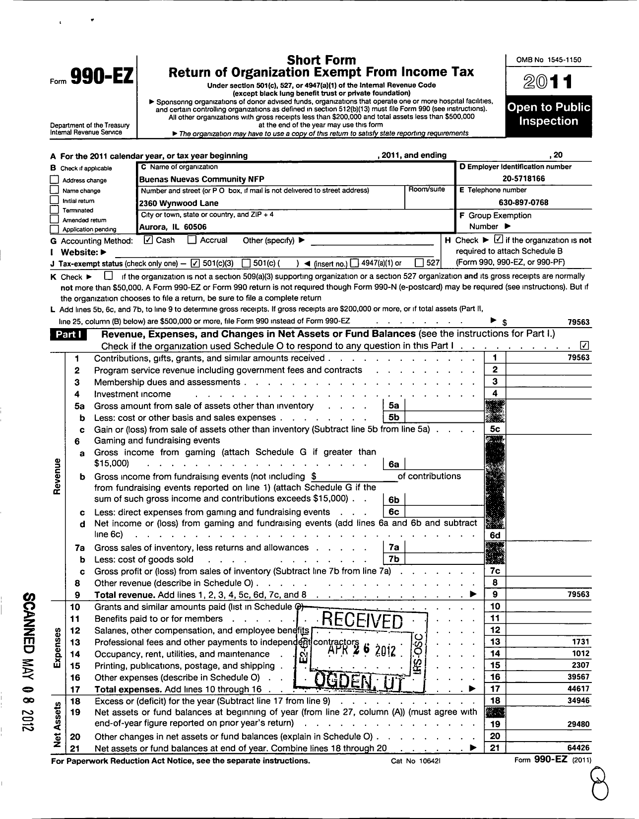 Image of first page of 2011 Form 990EZ for Buenas Nuevas Community NFP