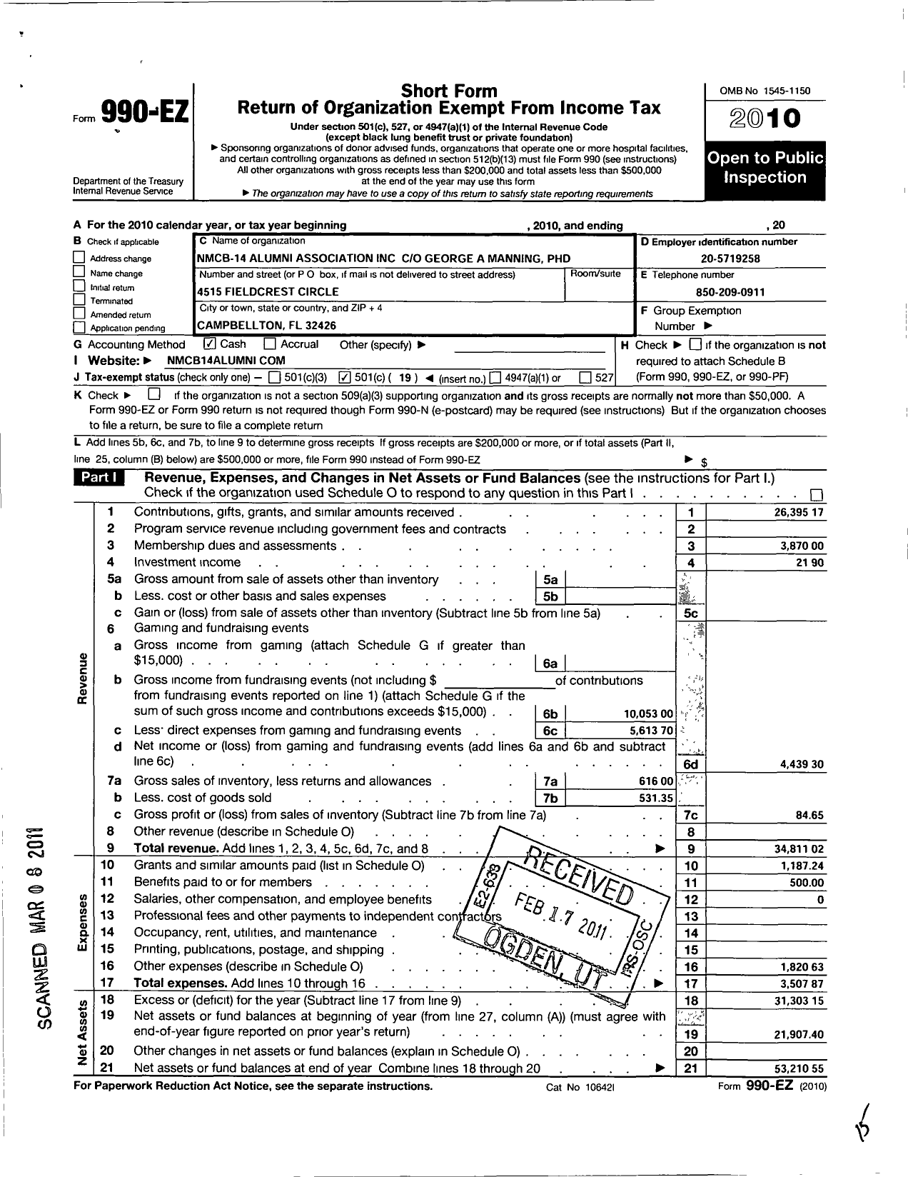 Image of first page of 2010 Form 990EO for NMCB Fourteen Alumni Association