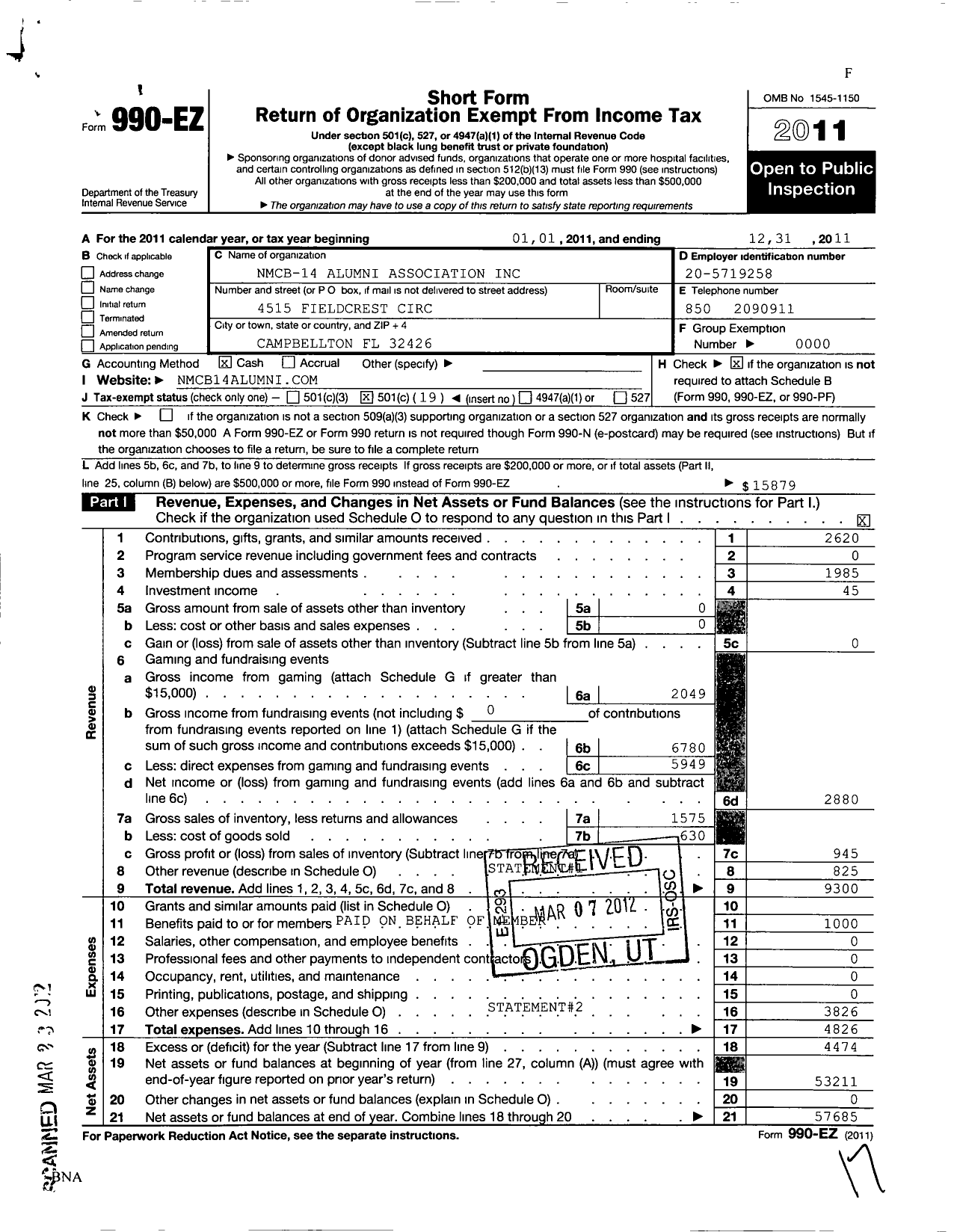 Image of first page of 2011 Form 990EO for NMCB Fourteen Alumni Association