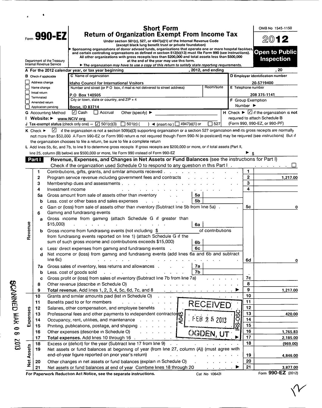 Image of first page of 2012 Form 990EZ for Idaho Council for International Visitors