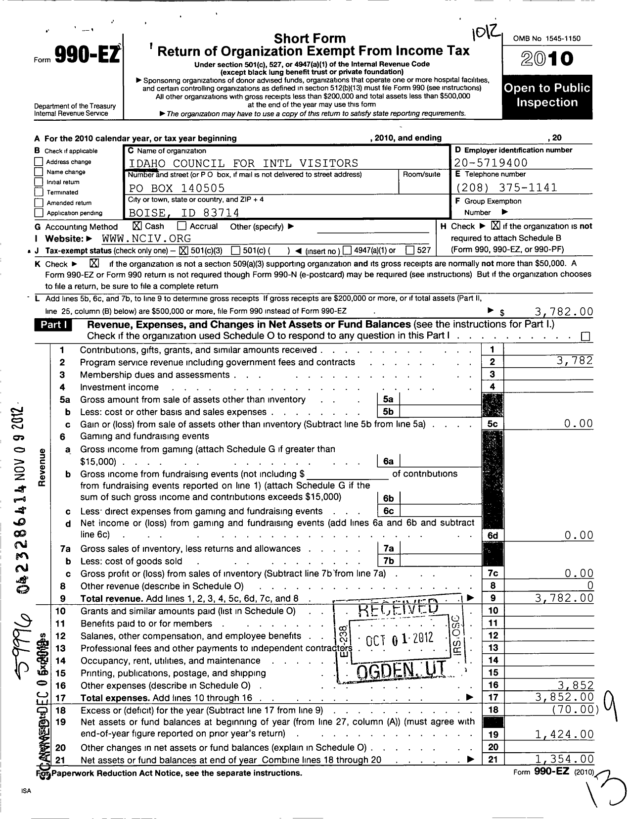 Image of first page of 2010 Form 990EZ for Idaho Council for International Visitors