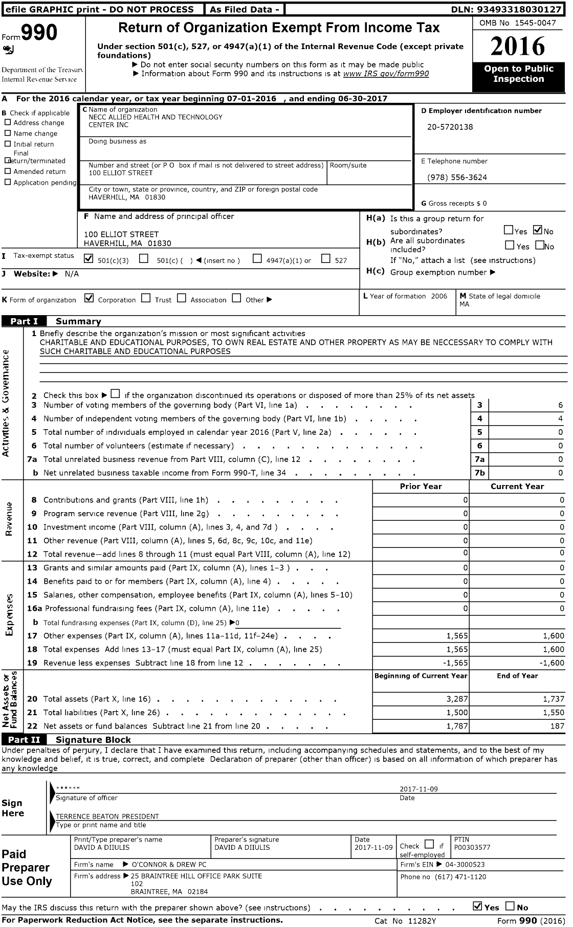 Image of first page of 2016 Form 990 for Necc Allied Health and Technology Center