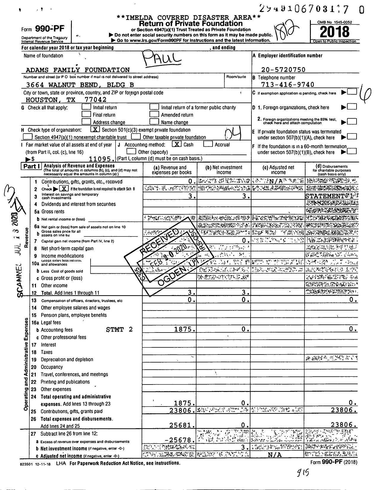 Image of first page of 2018 Form 990PR for Deborah Garrett Adams Family Foundation