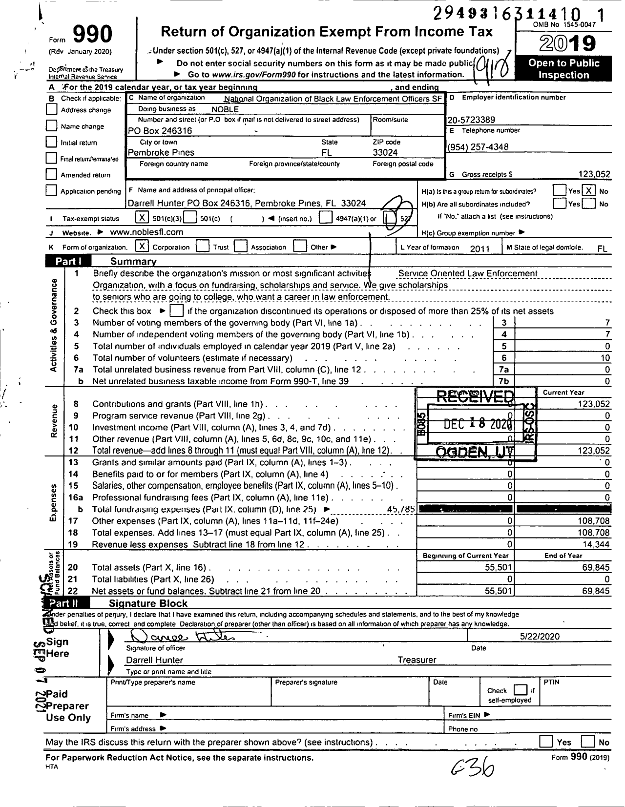 Image of first page of 2019 Form 990 for National Organization of Black Law Enforcement Executives / South Florida Chapter (NOBLE)