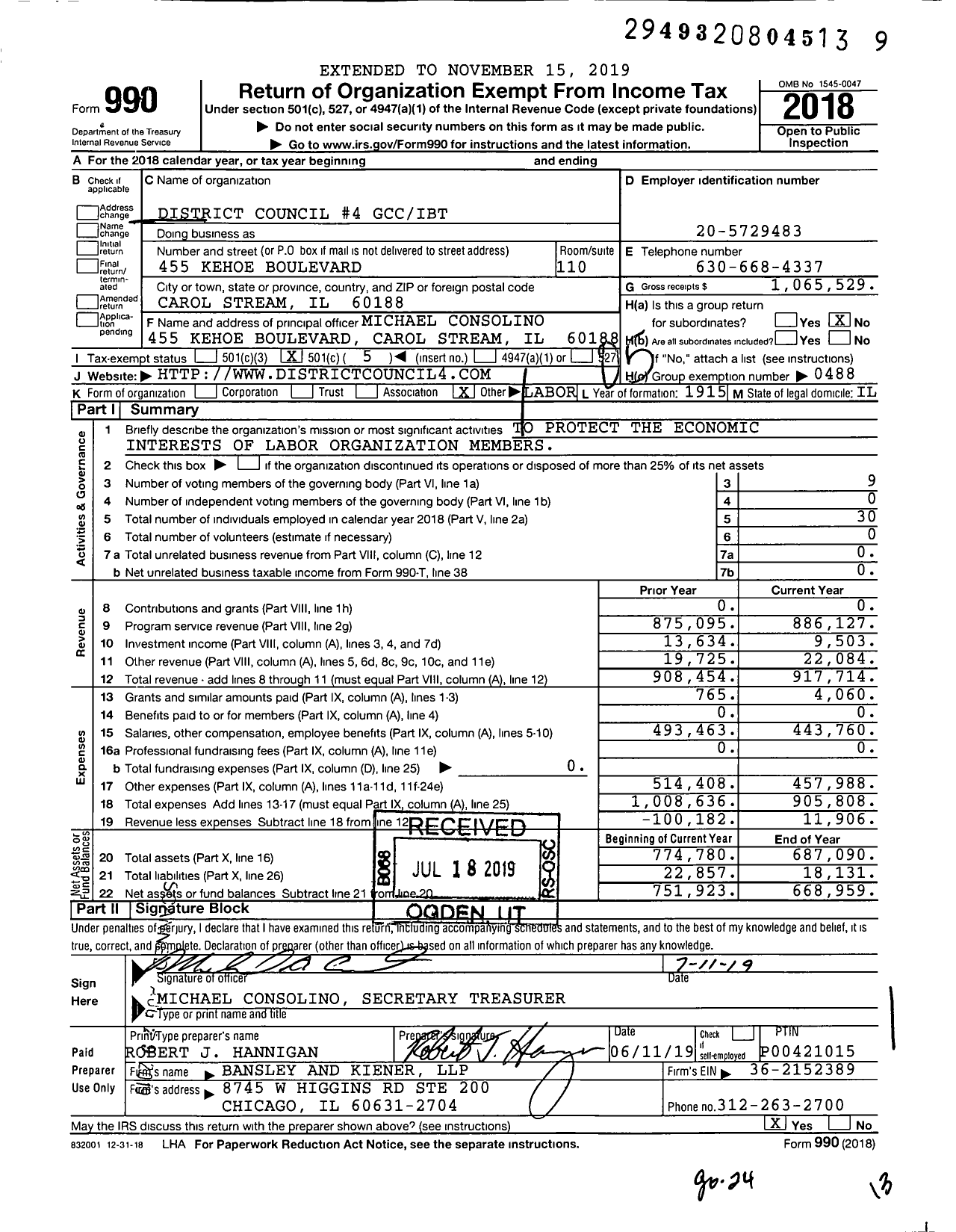 Image of first page of 2018 Form 990O for Graphic Communications Conference - 4 District Council