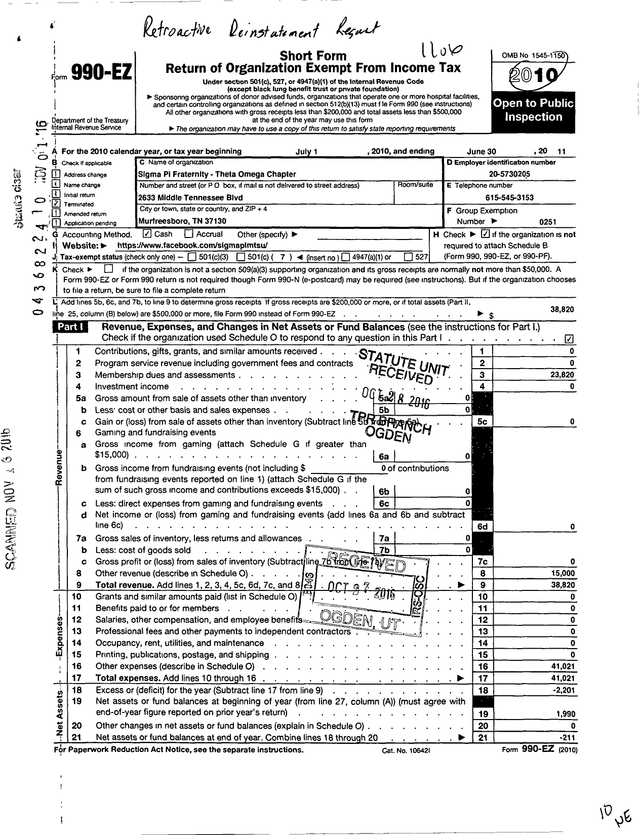 Image of first page of 2010 Form 990EO for Sigma Pi Fraternity International / Theta-Omega