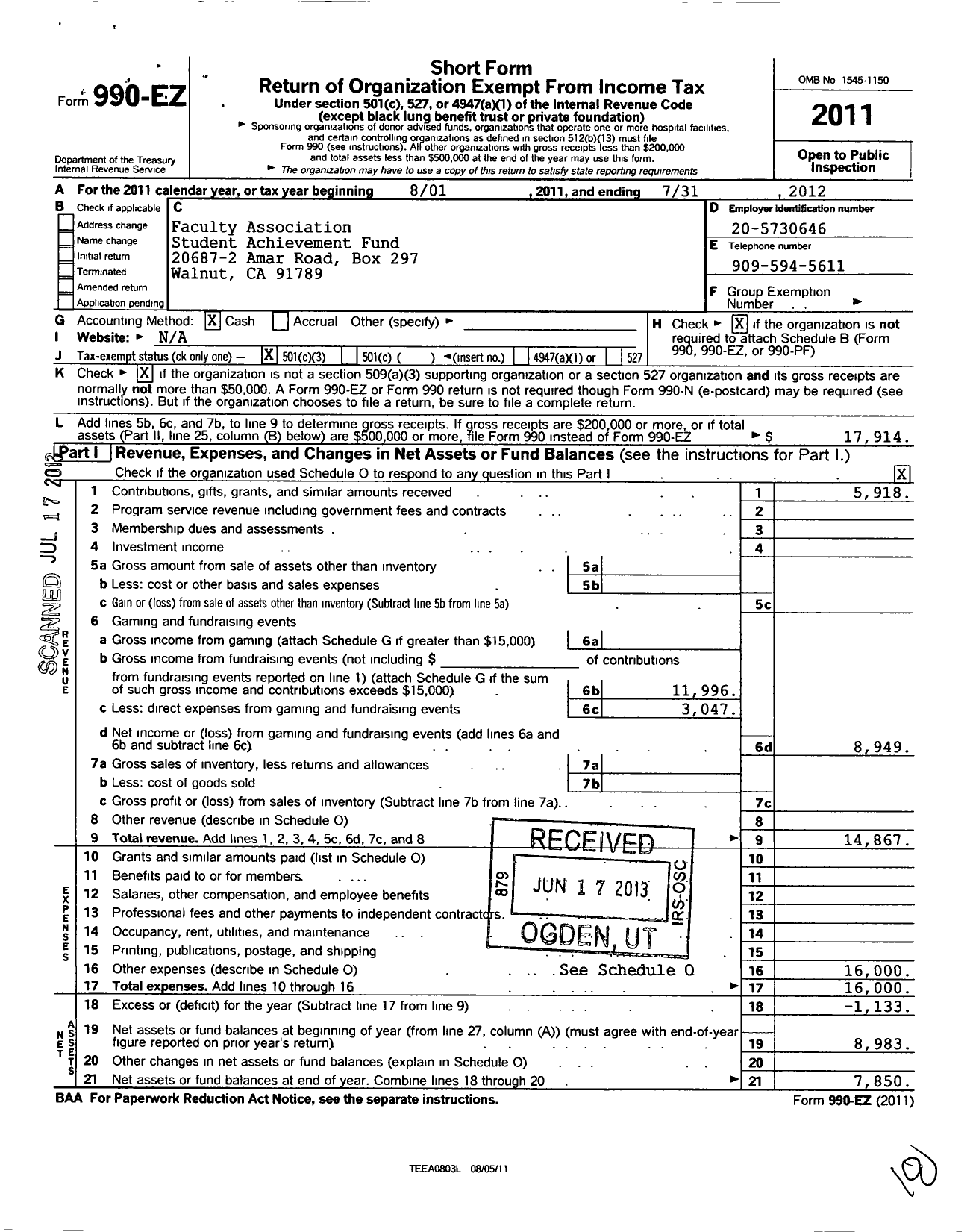 Image of first page of 2011 Form 990EZ for Faculty Association Student Achievement Fund