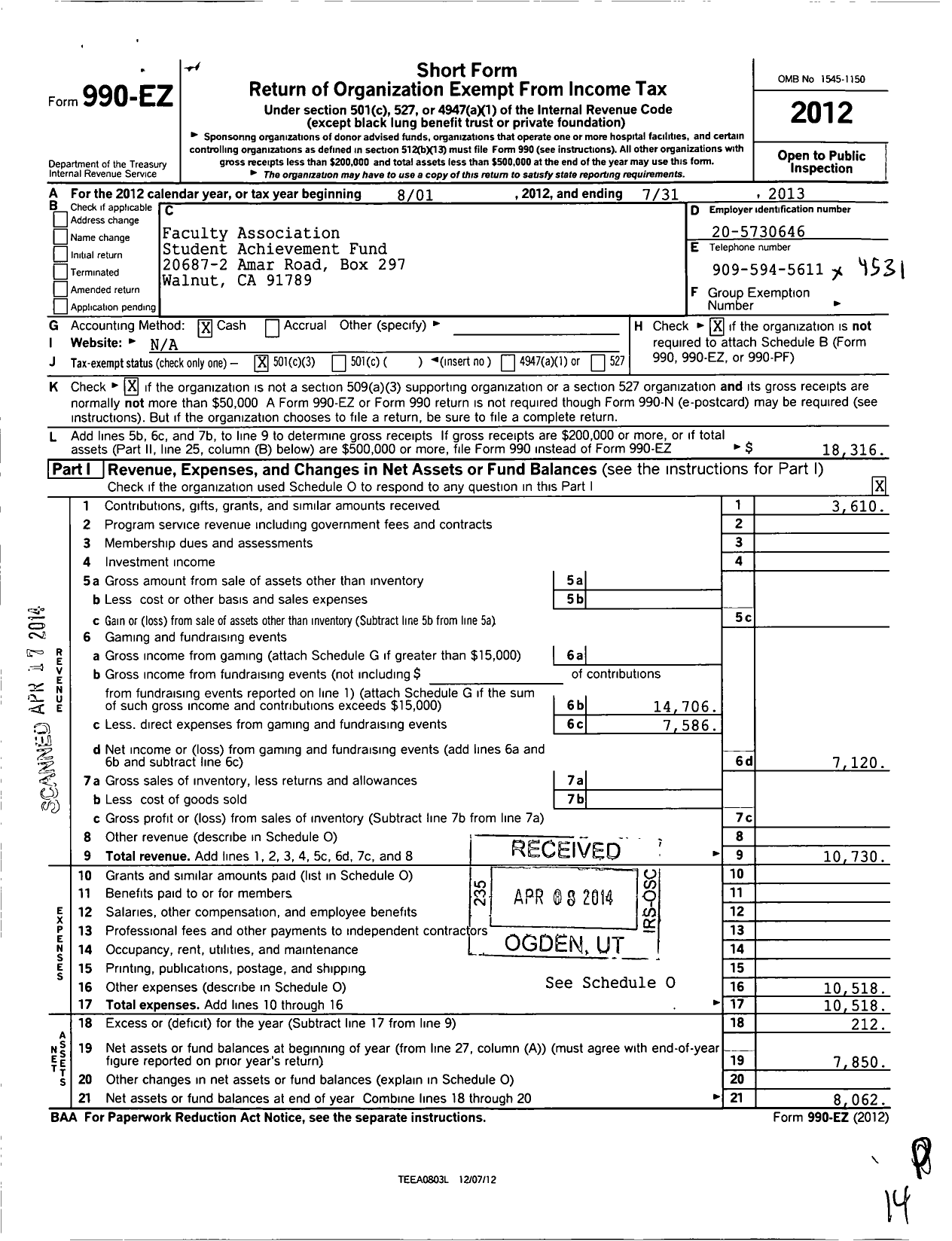 Image of first page of 2012 Form 990EZ for Faculty Association Student Achievement Fund