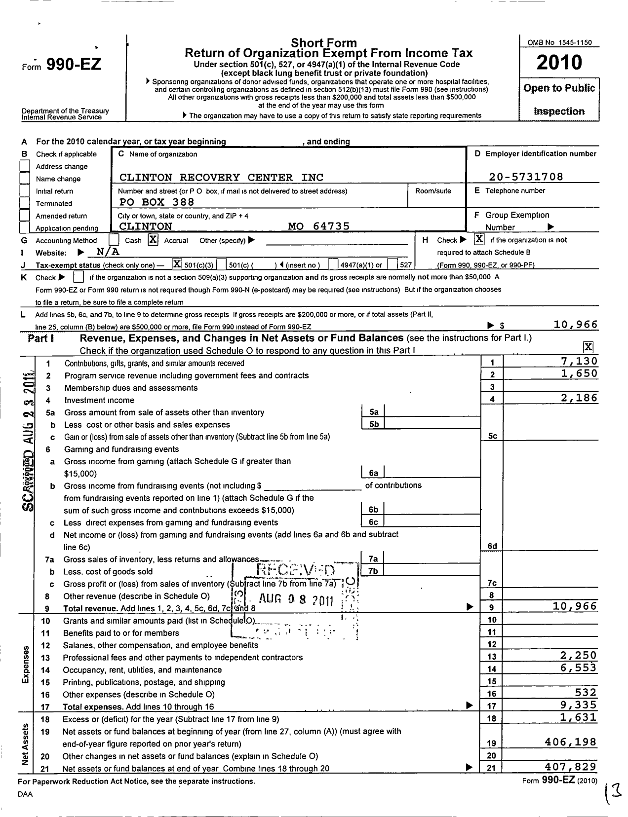 Image of first page of 2010 Form 990EZ for Clinton Recovery Center