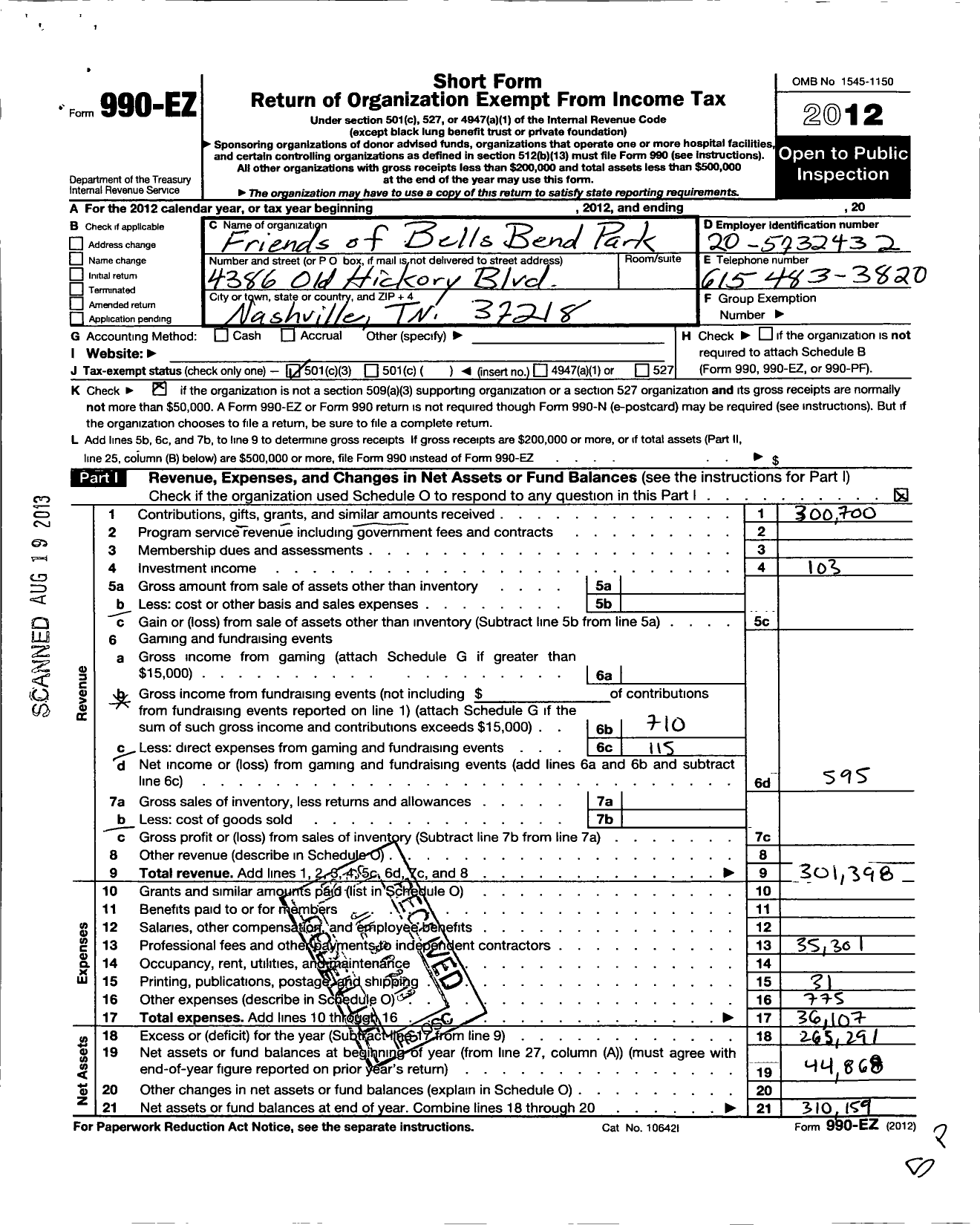 Image of first page of 2012 Form 990EZ for Friends of Bells Bend Park