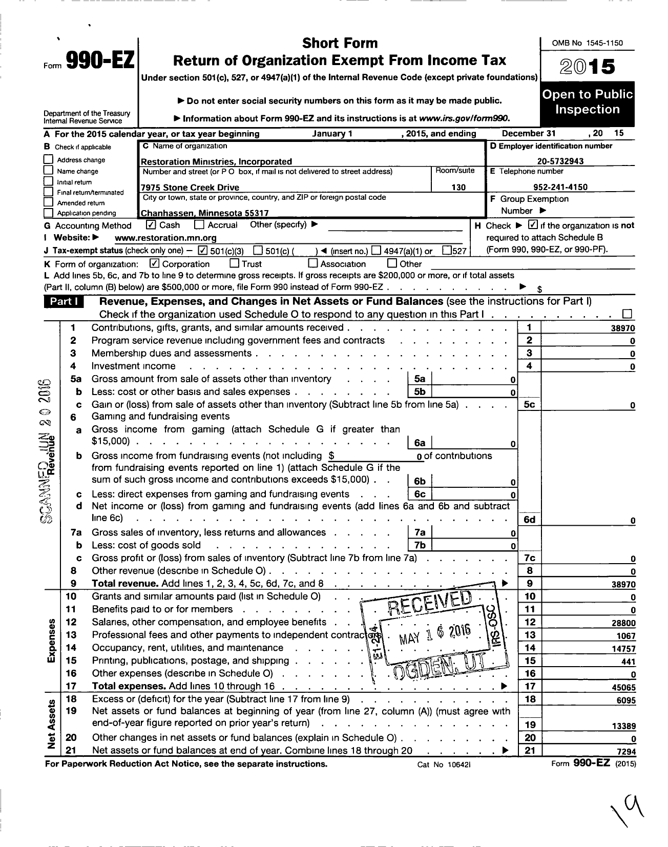 Image of first page of 2015 Form 990EZ for Restoration Ministries Incorporated