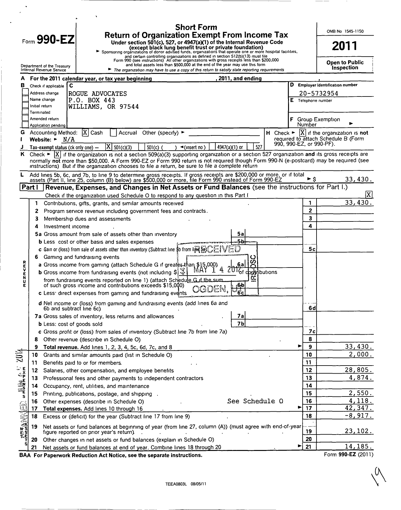 Image of first page of 2011 Form 990EZ for Rogue Advocates