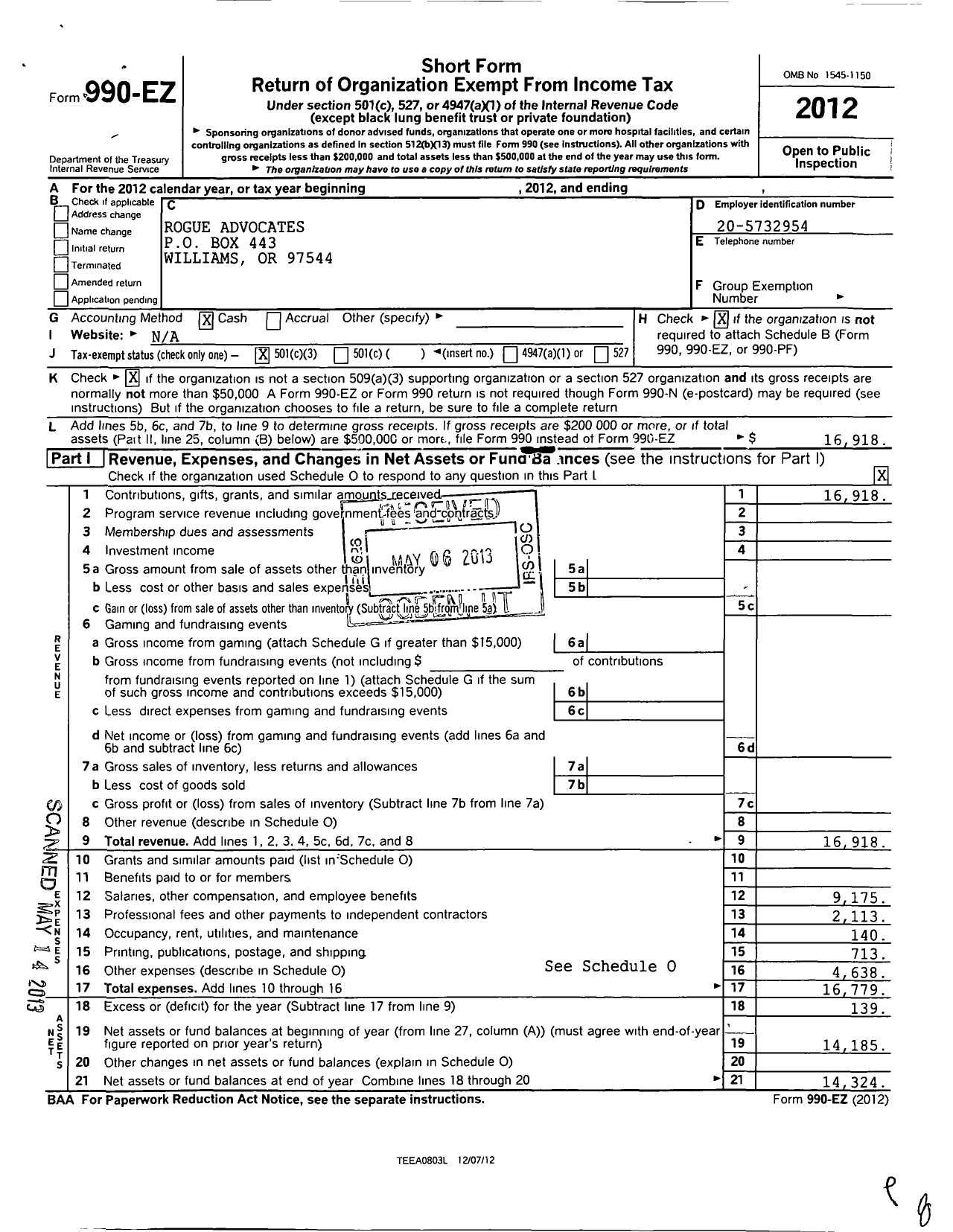 Image of first page of 2012 Form 990EZ for Rogue Advocates