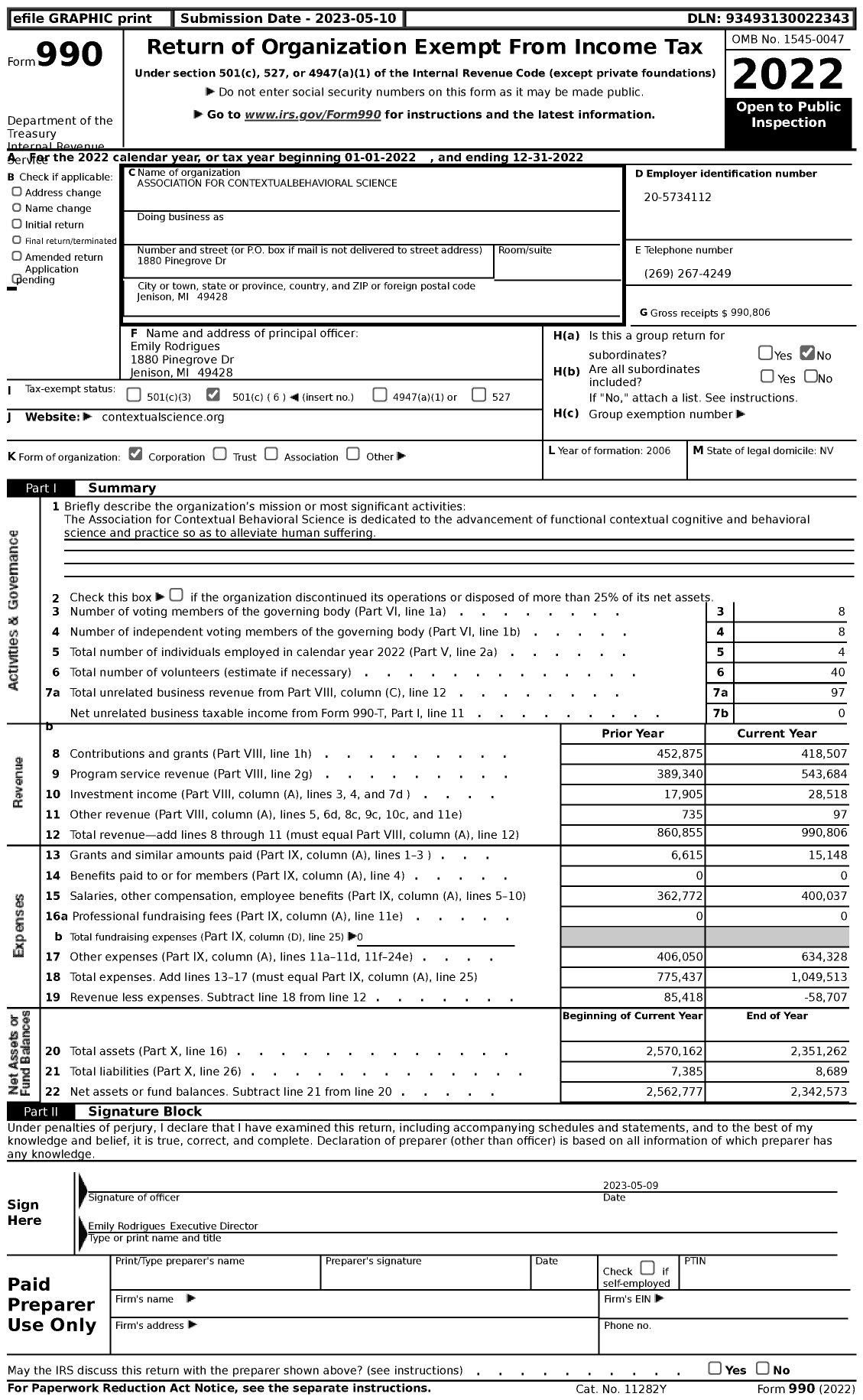 Image of first page of 2022 Form 990 for Association for Contextualbehavioral Science