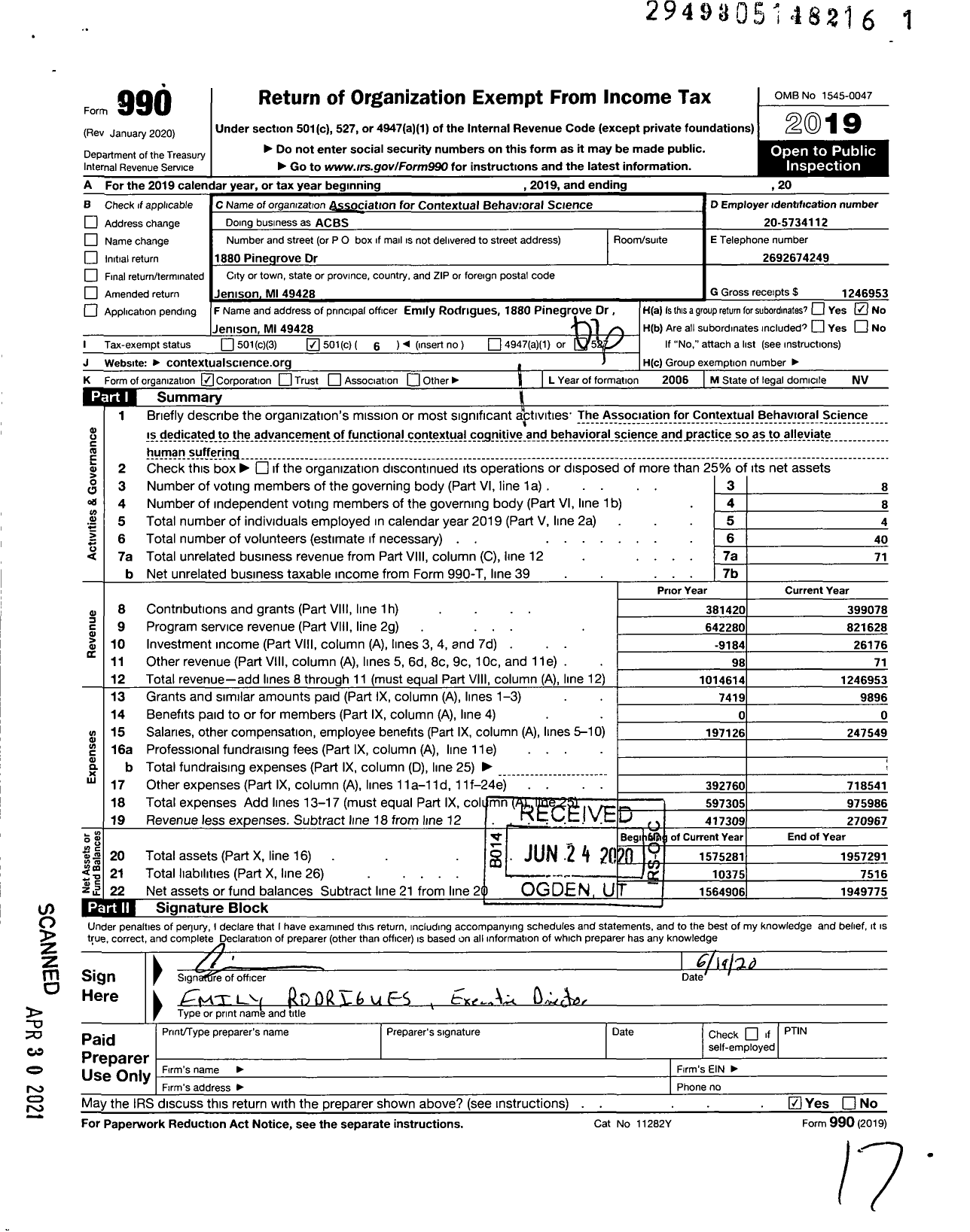 Image of first page of 2019 Form 990O for Association for Contextualbehavioral Science