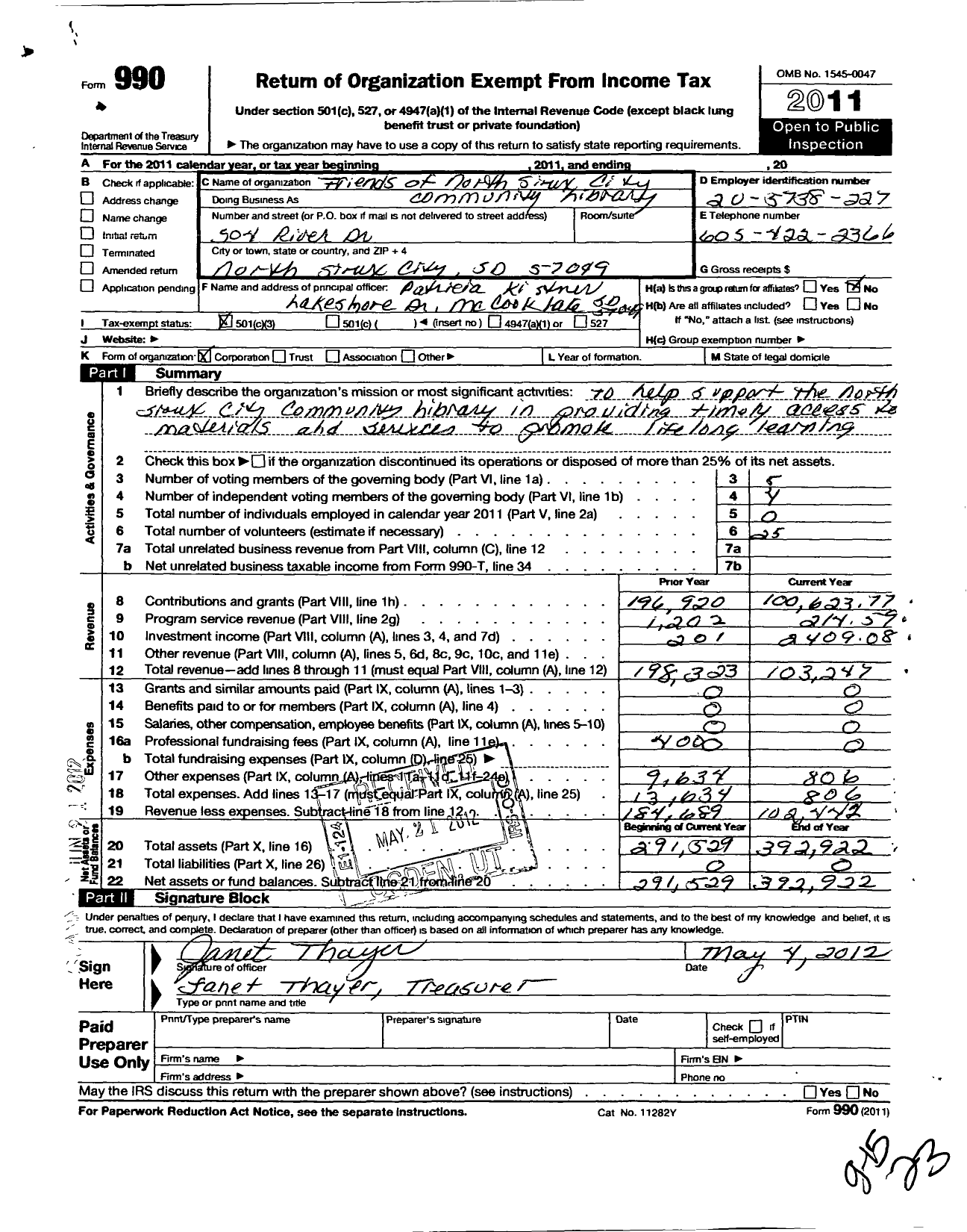 Image of first page of 2011 Form 990 for Friends of North Sioux Citycommunity Library